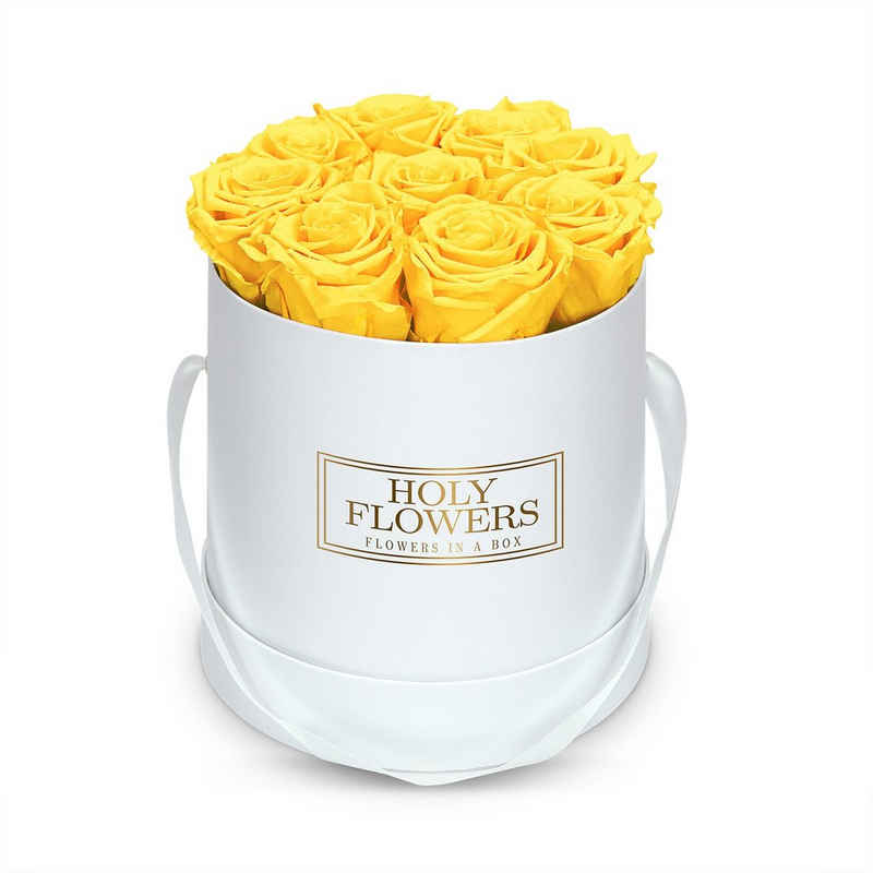 Kunstblume Rosenbox rund mit 9 Infinity Rosen, 1- 3 Jahre haltbar Infinity Rosen, Holy Flowers, Höhe 18 cm