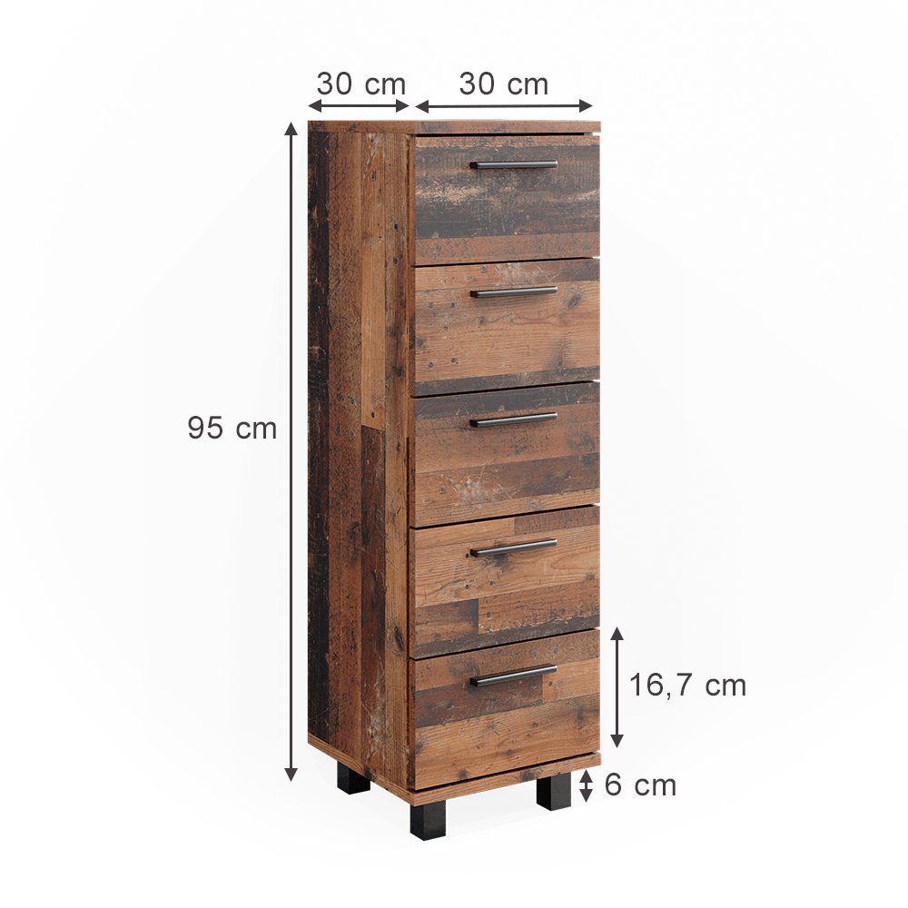 Vicco Midischrank Ilias, Eiche rustikal, 30 x 95 cm mit 5 Schubladen (1-St)