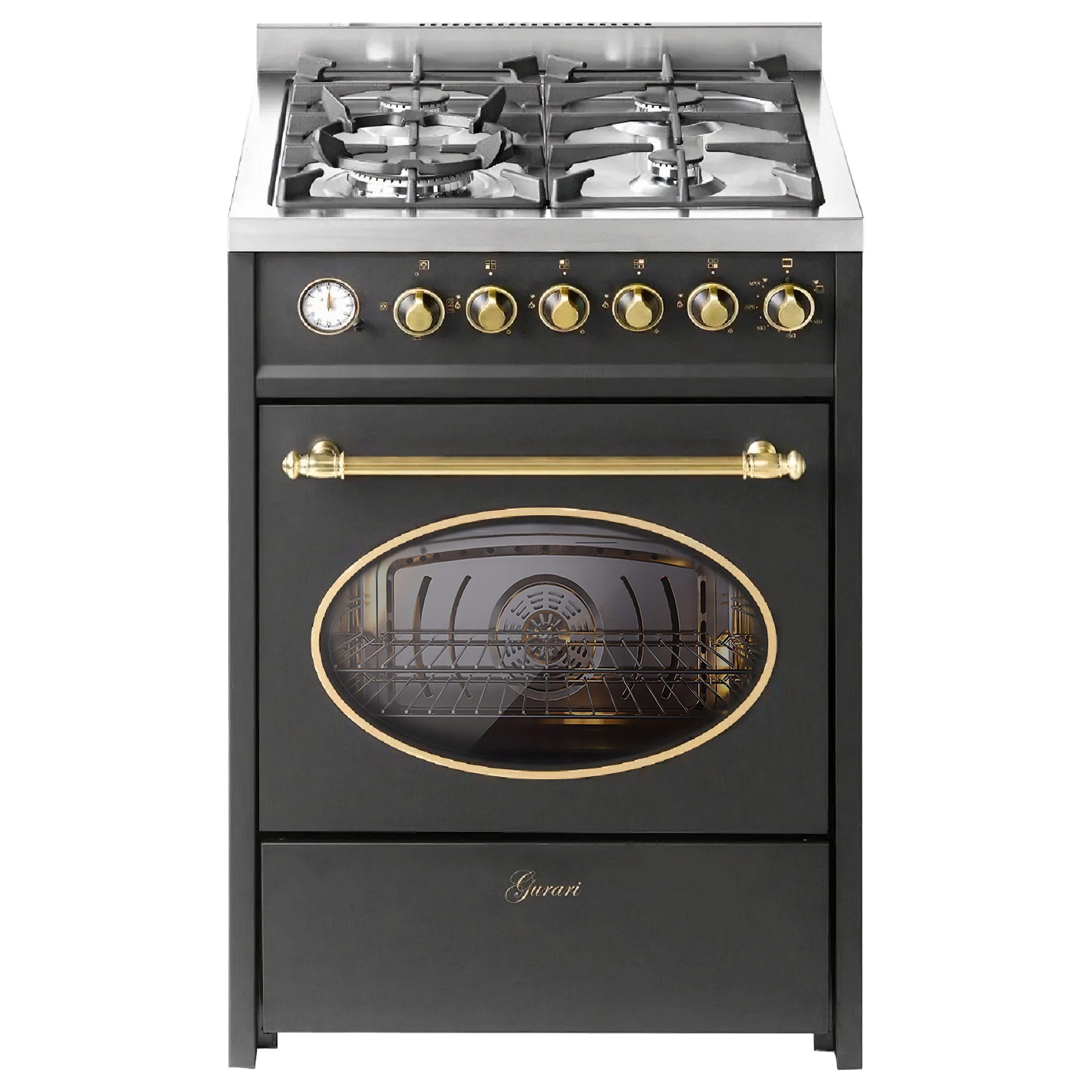 GURARI Gas-Standherd 60 cm Retro Gasherd mit Elektrobackofen 60 L, Schwarz, ErdgasFl.Gas E 614 BL r., mit 1-fach-Teleskopauszug, Gas Kochfeld mit WOK Brenner, M – Bild 2 von 5