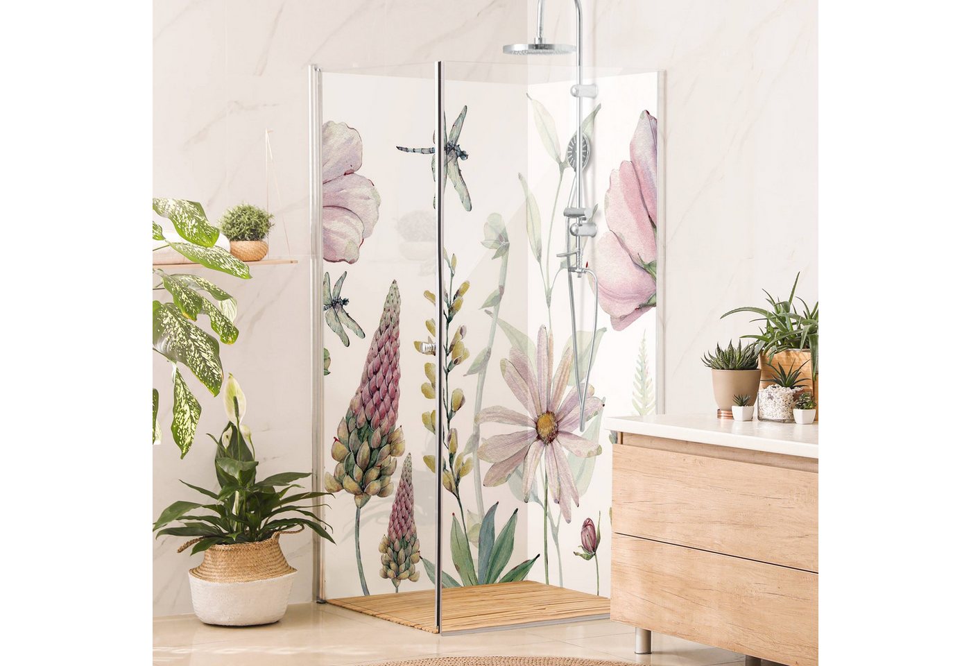Thumbnail - Bilderdepot24 Badrückwand Blumen rosa Duschrückwand ohne Bohren Dusche Aquarell, (2-tlg., Hart-Folie Smart matt 0,35 mm)...