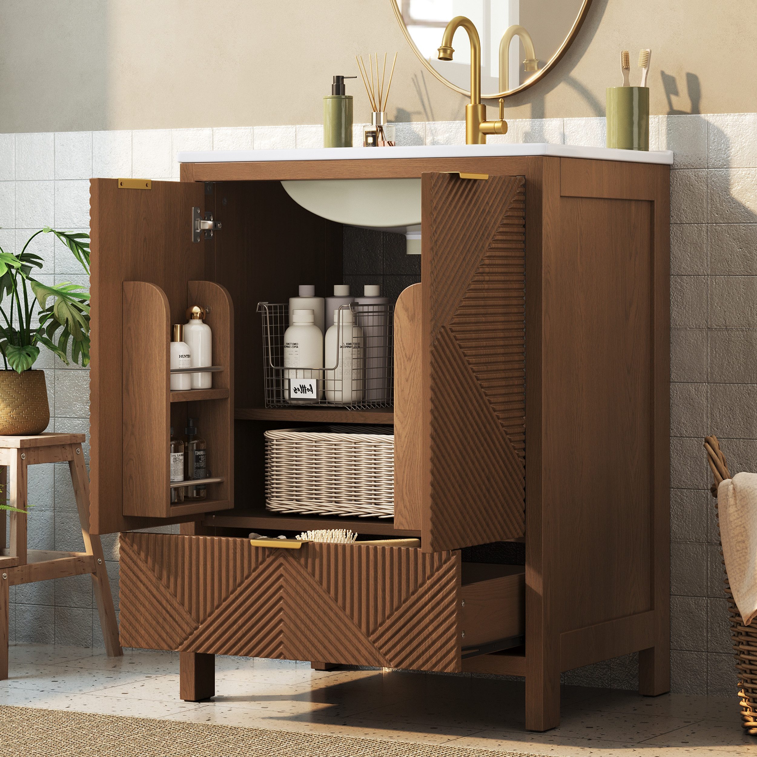 Flieks Waschtisch Waschbeckenunterschrank mit Waschbecken, Schubladen, Türregalen (61x47x87 cm, 1-St., bodenstehend Badschrank, Wellenmuster-Textur), Badezimmerschrank mit Soft-Close-Funktion Badmöbel Walnussholzfarbe