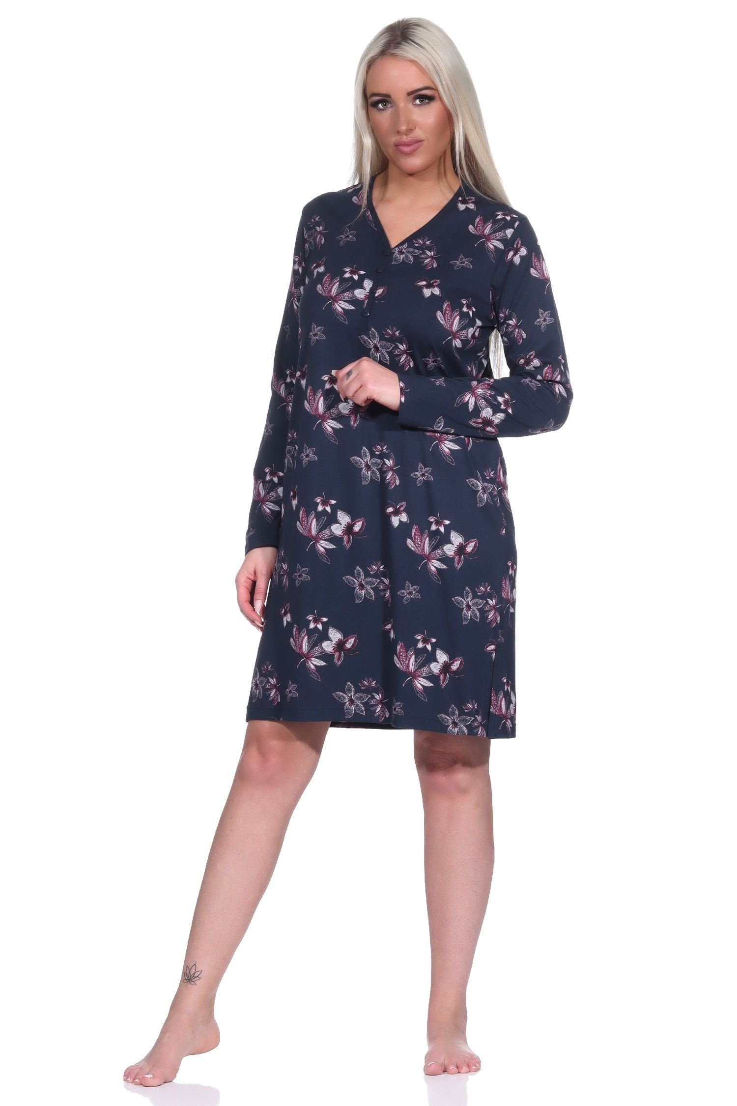 Normann Nachthemd Damen Nachthemd langarm in floralem Design - auch in Übergrößen marine