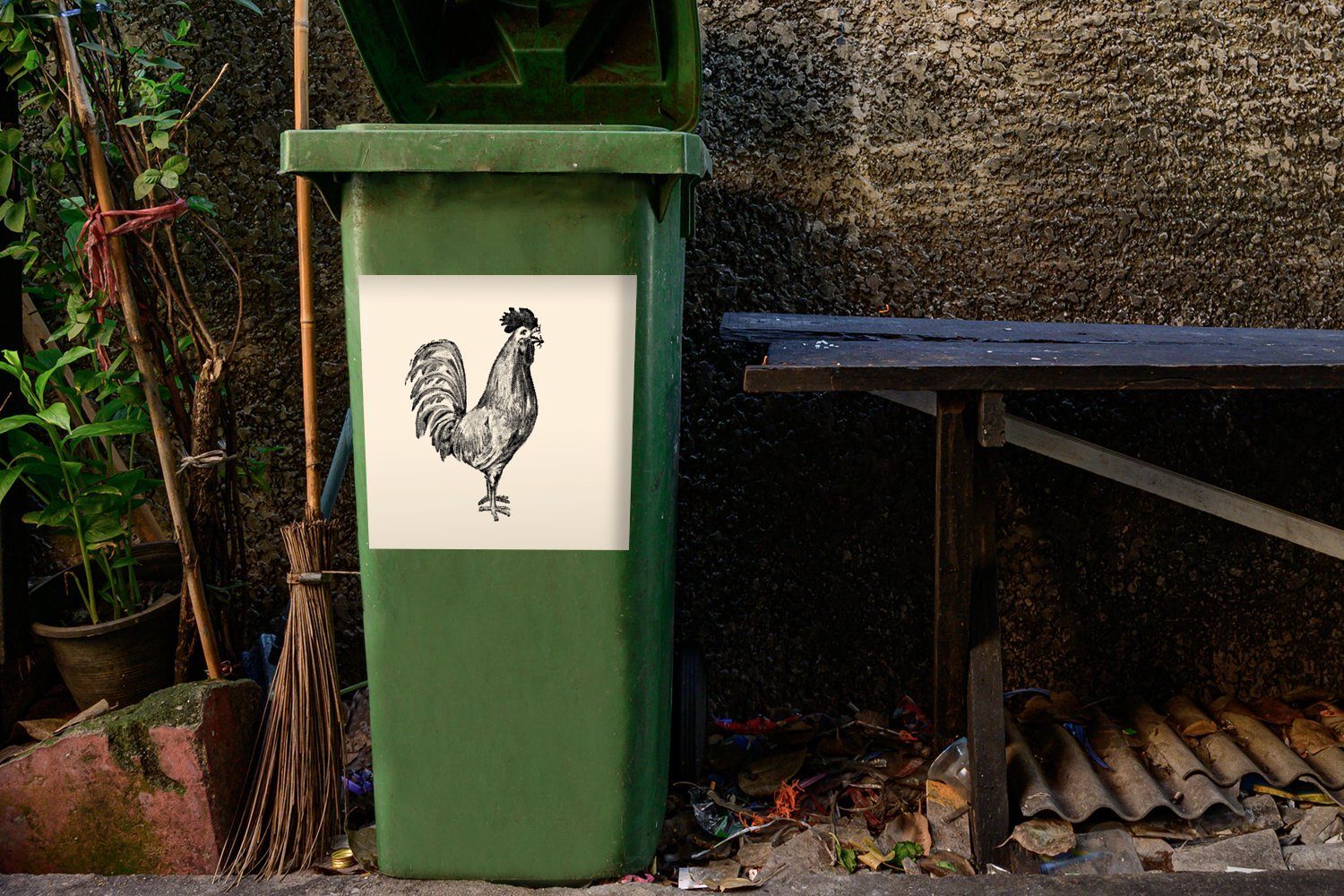 des Illustration MuchoWow Antike Mülleimer-aufkleber, Sticker, (1 Wandsticker Abfalbehälter Container, St), Mülltonne, Hahns