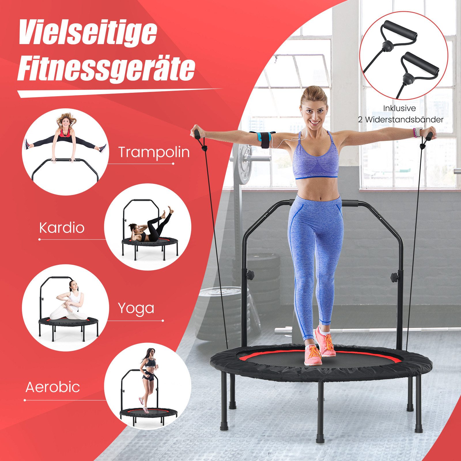 COSTWAY Fitnesstrampolin Ø101cm, höhenverstellbarer Haltegriff & 2 Widerstandsbändern