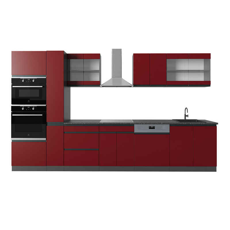 Vicco Küchenzeile R-Line Rot/Anthrazit, 350cm J-Shape, + Hochschrank ohne Arbeitsplatte