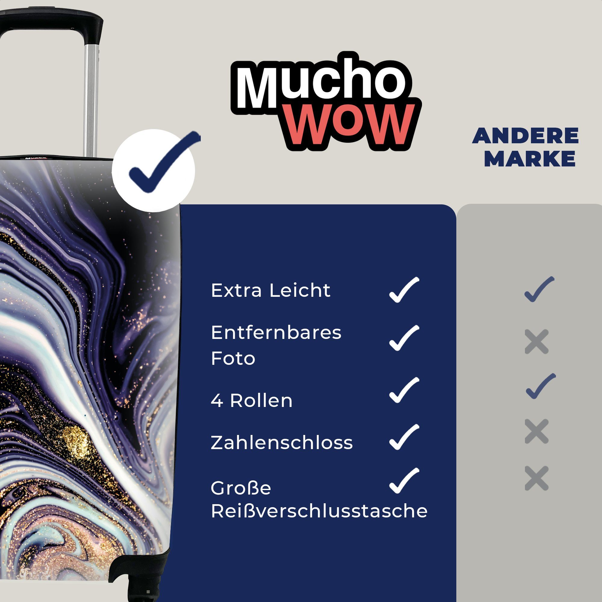 - Reisetasche Luxus MuchoWow für 4 rollen, Reisekoffer Trolley, Marmor - Handgepäck Lila Glitzer, mit Ferien, Marmoroptik Handgepäckkoffer - - Rollen,