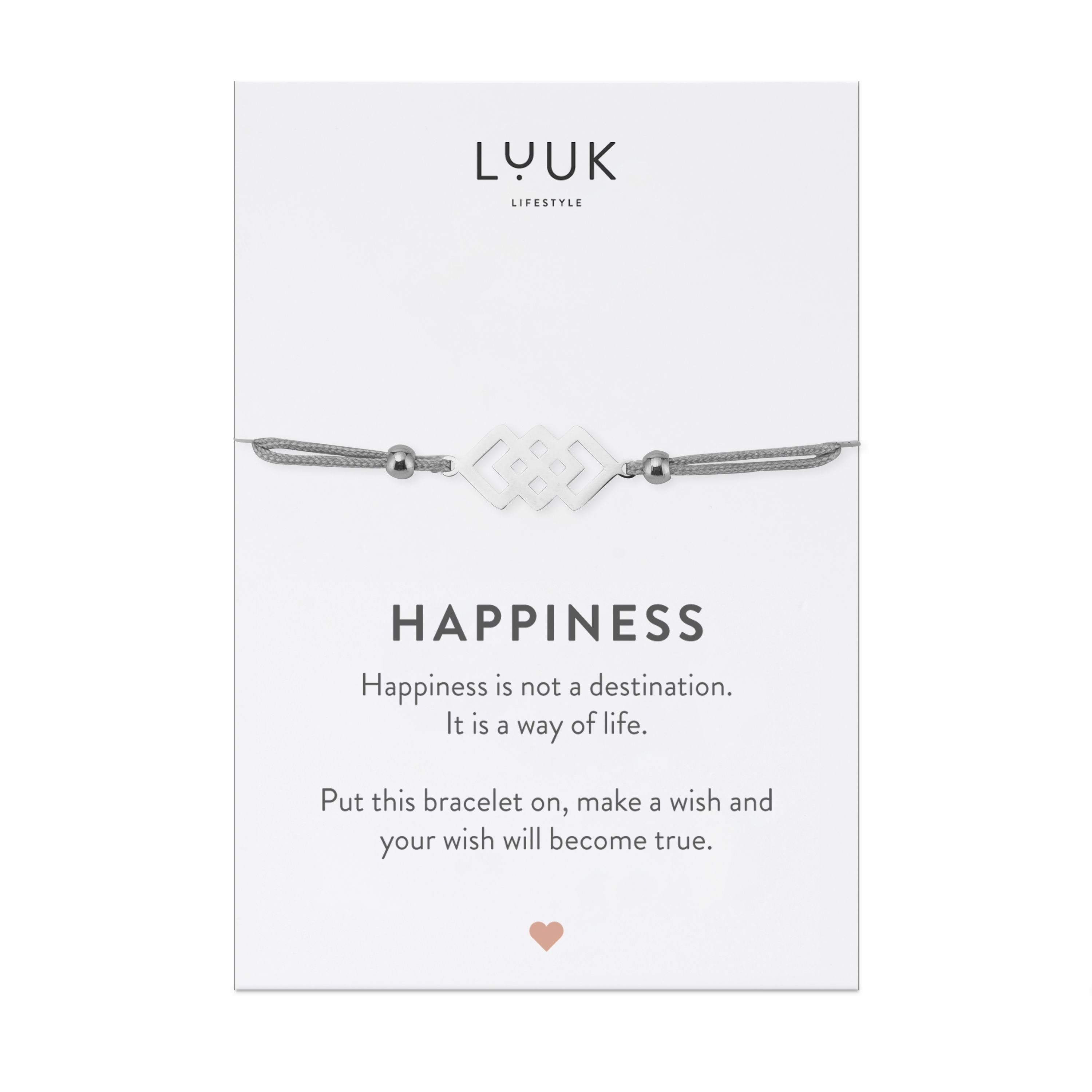 LUUK LIFESTYLE Freundschaftsarmband verschlungene Silber Happiness Quadrate, mit Spruchkarte handmade
