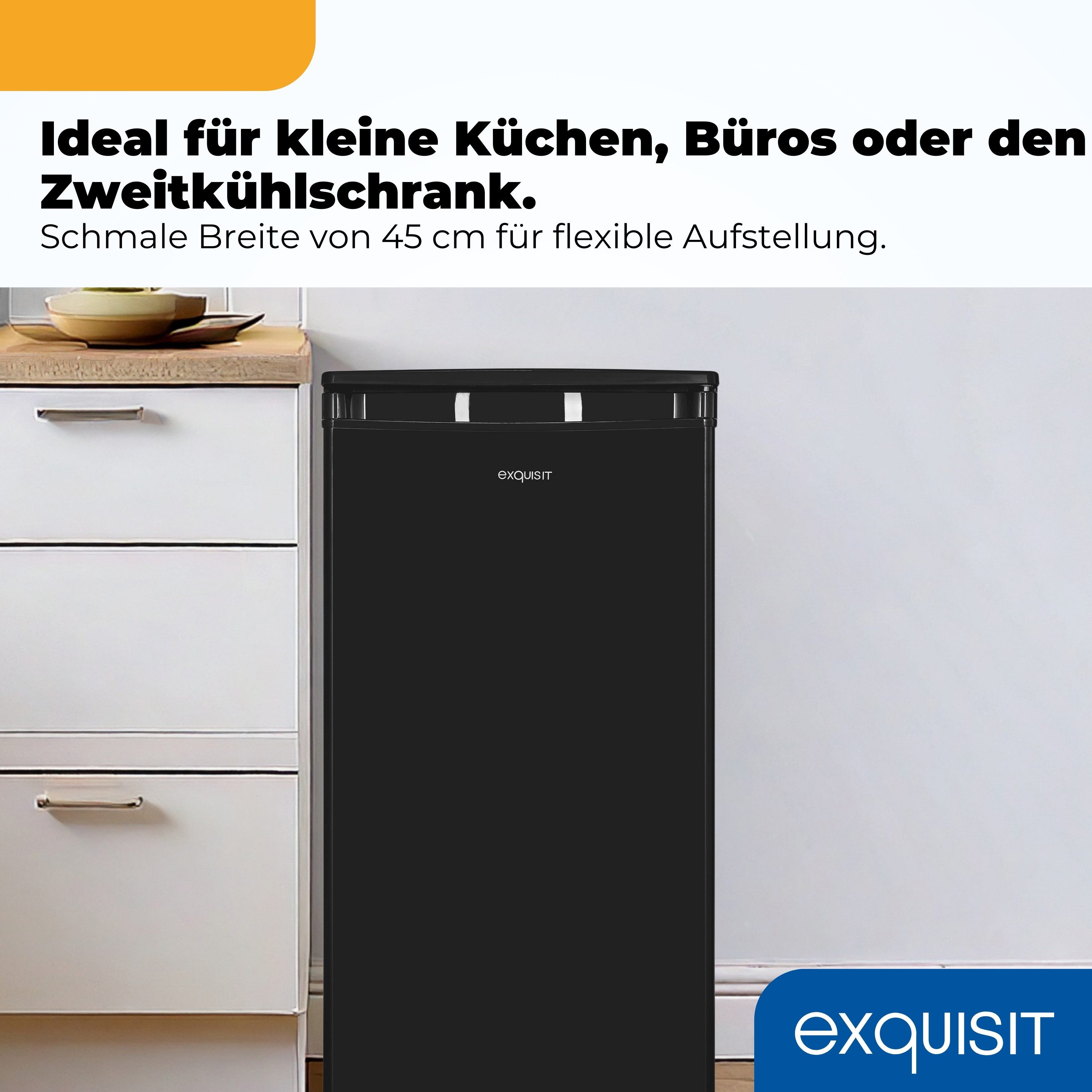 exquisit Vollraumkühlschrank KS585-V-091E, 84.3 cm hoch, 45 cm breit, 75 l Nutzinhalt, LED Beleuchtung, 41 dB Geräuschklasse C