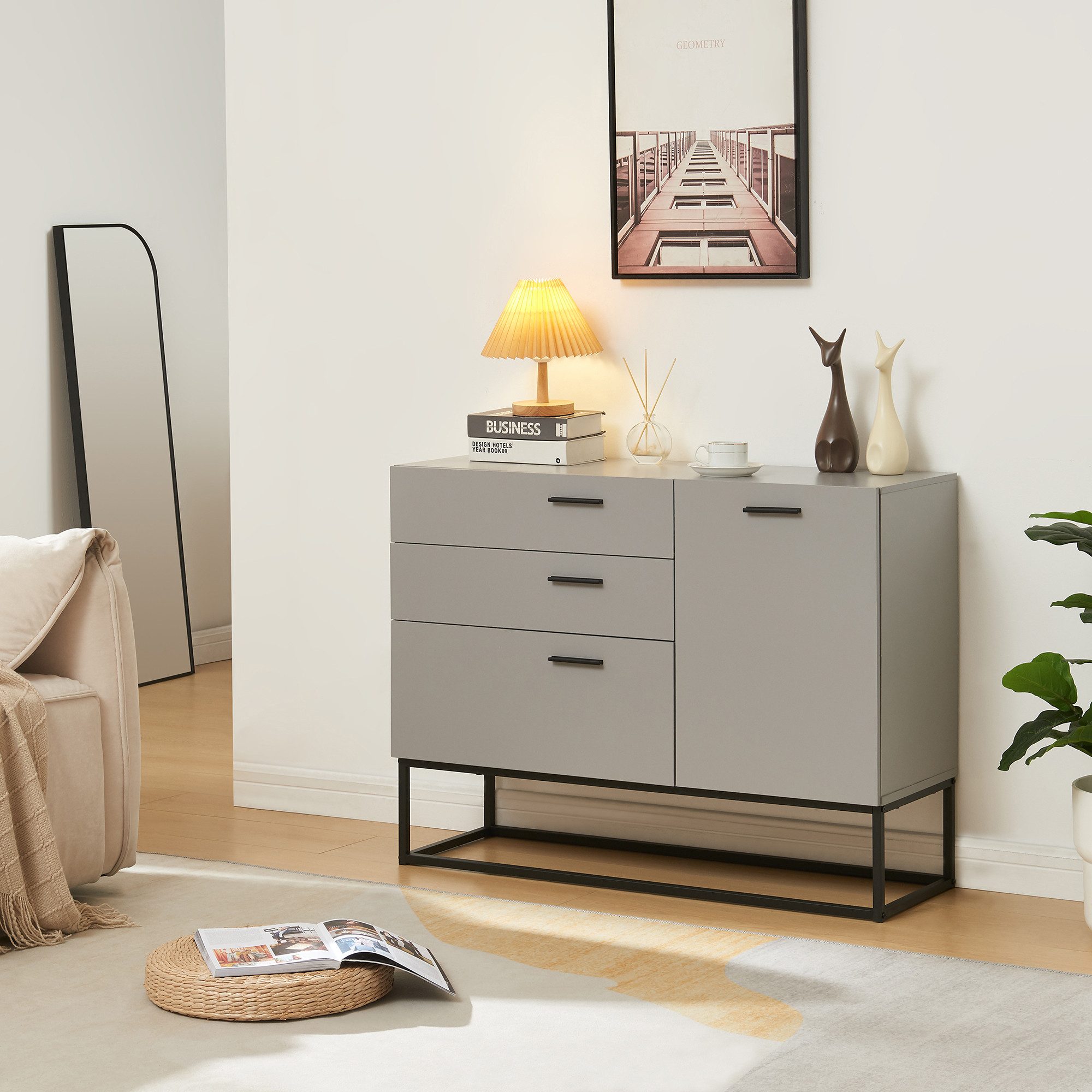 en.casa Sideboard, »Lavangen« mit 3 Schubladen 75x100x35 cm Hellgrau günstig online kaufen