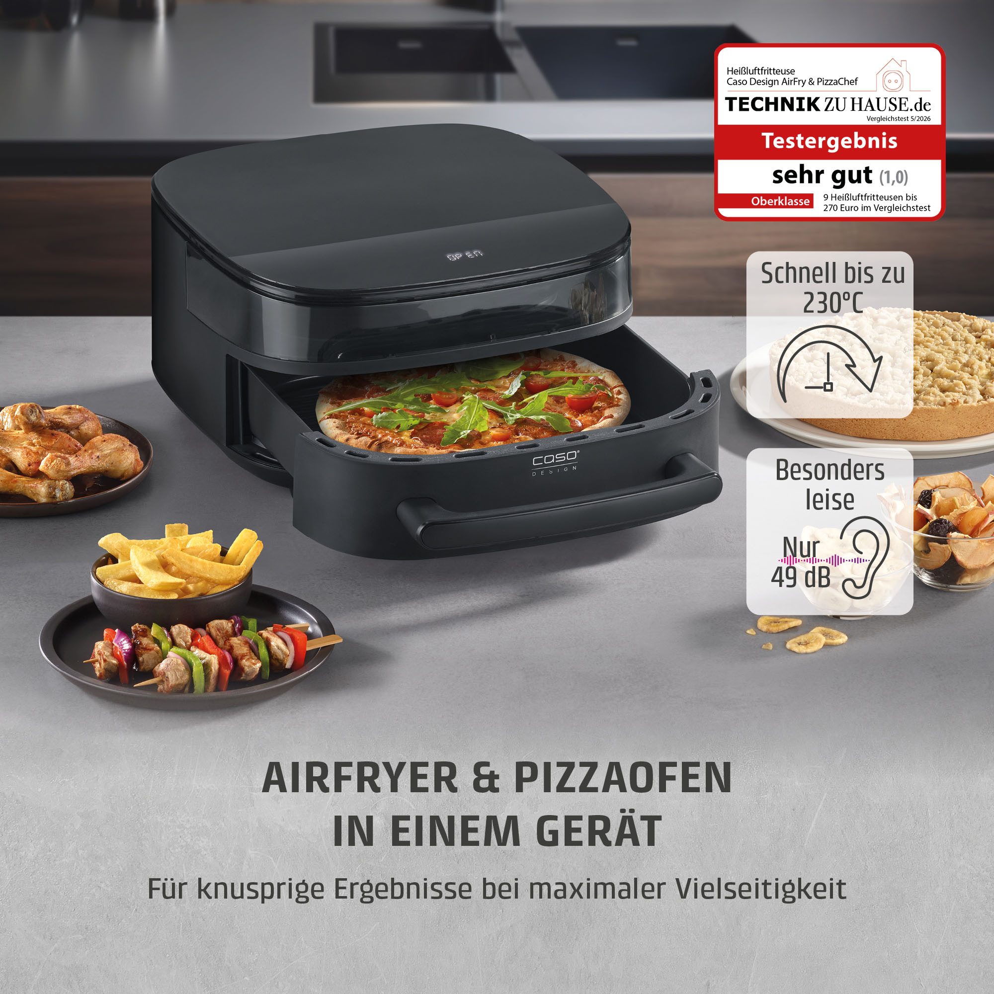 Caso Heißluftfritteuse CASO 3191 Design Heissluftfritteuse AirFry & PizzaChef, 2850 W, Frittieren, Backen, Aufwärmen, Rösten oder Dörren.