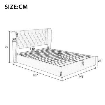 Ulife Polsterbett Doppelbett Funktionsbett mit Lattenrost und Stauraum, Hydraulisches Bett, Samt, 140x200cm