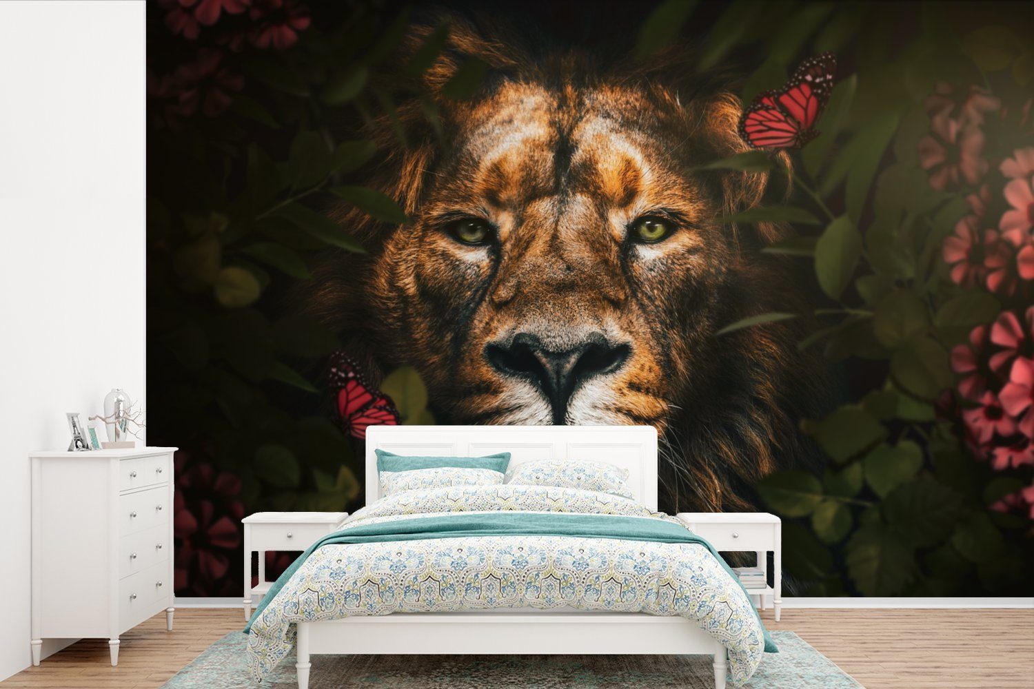 MuchoWow Fototapete Dschungel - Löwe - Schmetterling - Blumen, Matt, bedruckt, (6 St), Wallpaper für Wohnzimmer, Schlafzimmer, Kinderzimmer, Vinyl Tapete