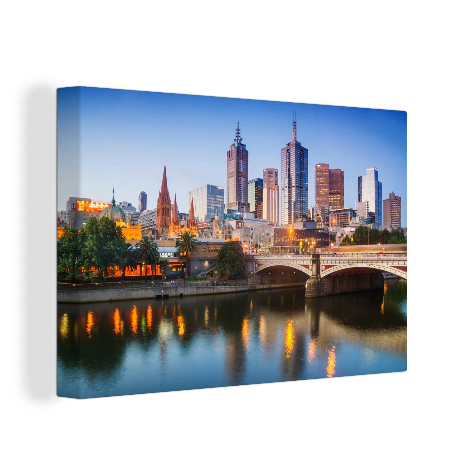 OneMillionCanvasses® Leinwandbild Wandbild cm der St), Die Wanddeko, (1 von Aufhängefertig, Melbourne Leinwandbilder, in Abenddämmerung, 30x20 Skyline