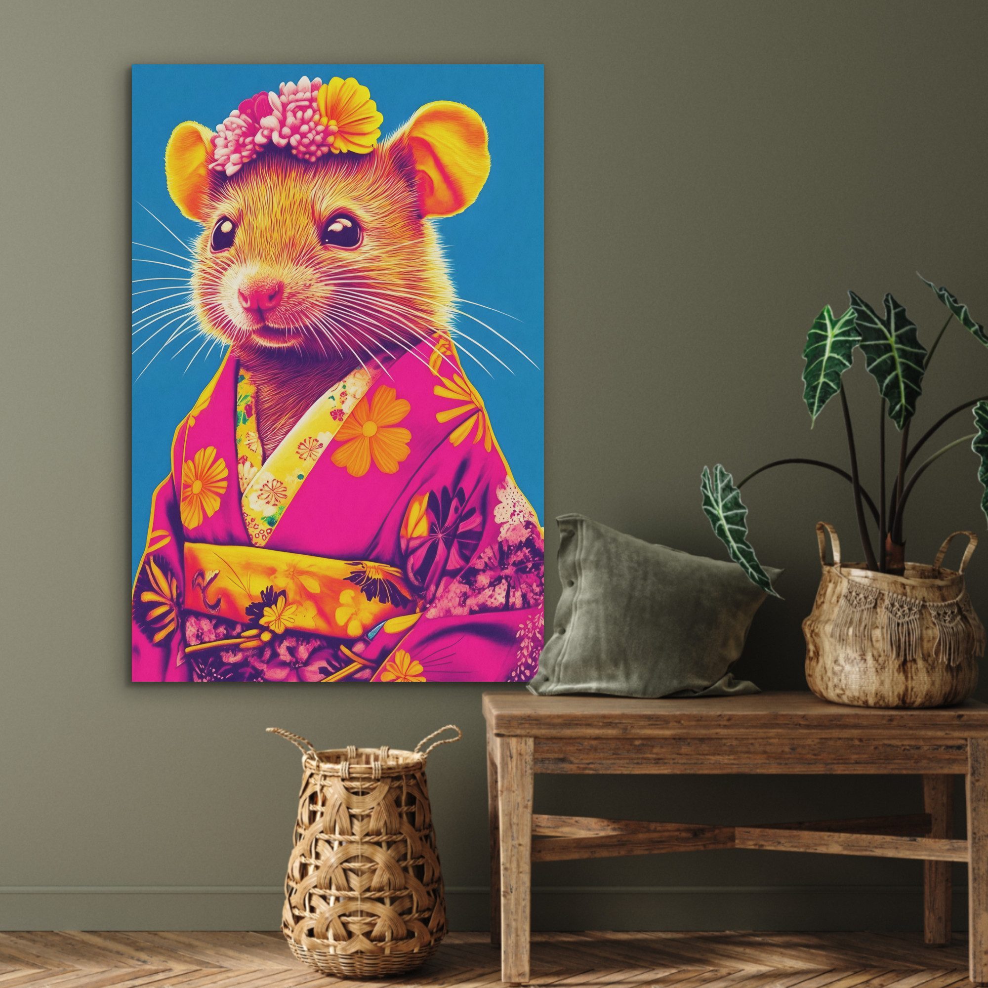 MuchoWow Gemälde Maus - Kimono - Blumen - Blau, Fotodruck (1 St), Akustikbilder PET-Filz, Wandpaneele, Akustikpaneele 60x90 cm
