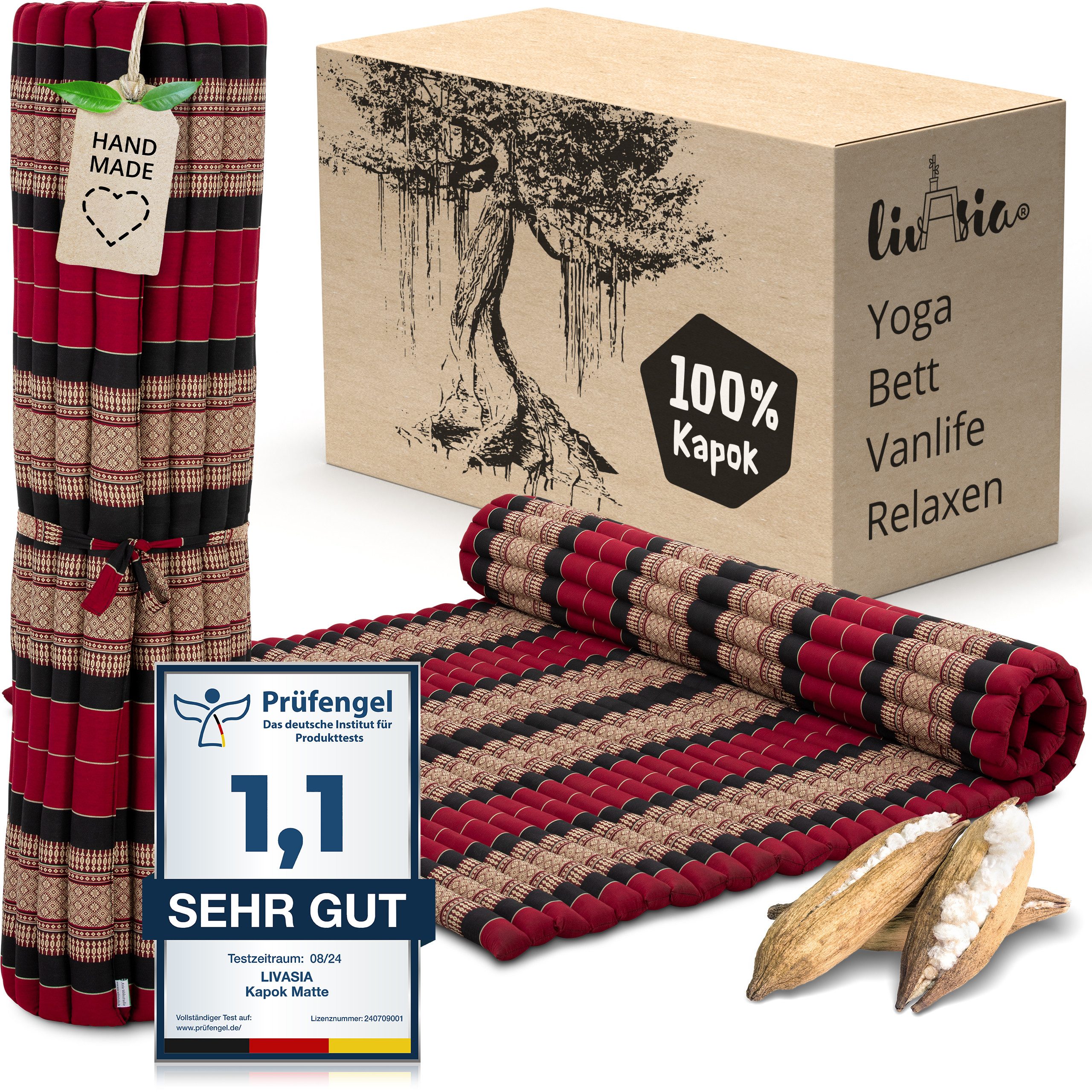 Reisebett-Matratzen Rollmatte 145 cm breit, vegan und handgefertigt, 205x145x4,5cm, livasia, 4.5 cm hoch, Kapok