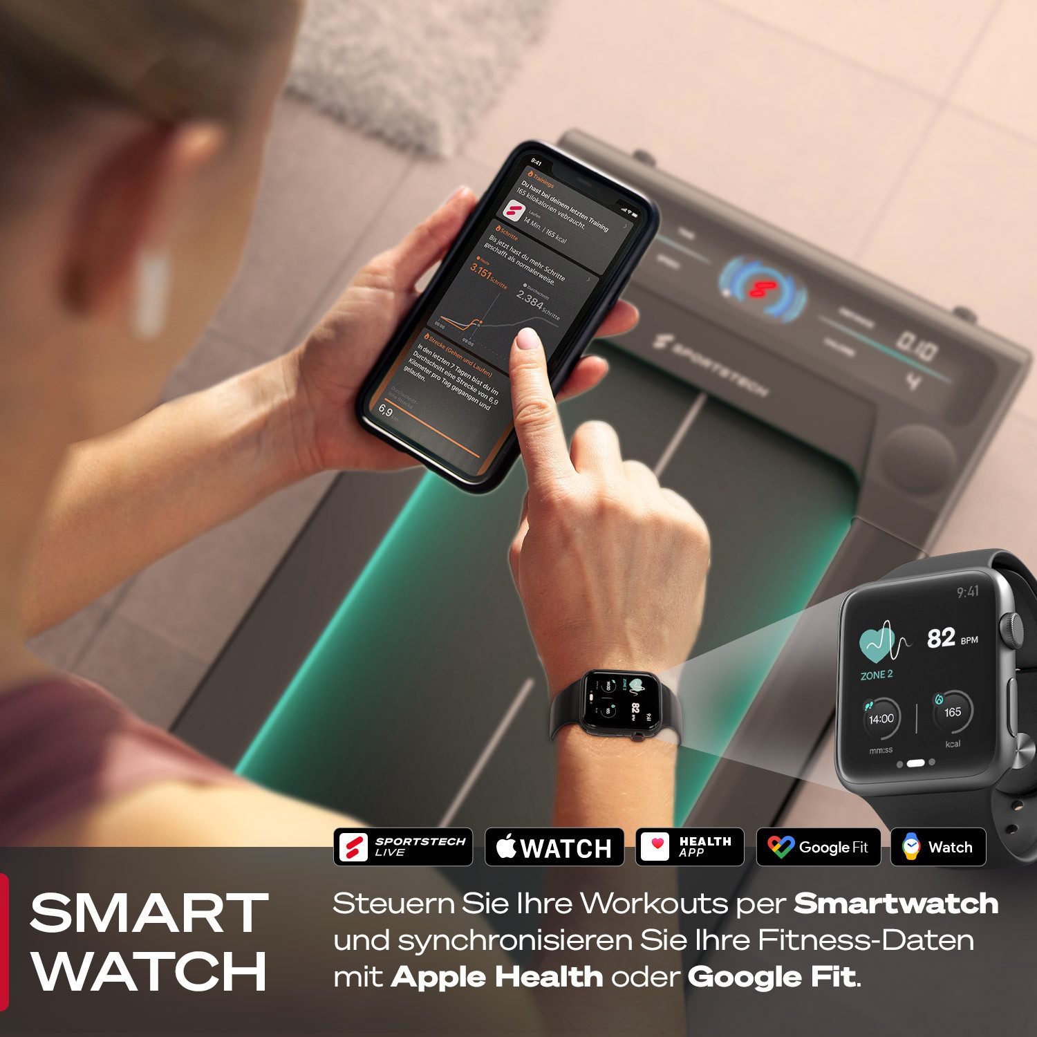 Sportstech Laufband sWalk, bis 8 km/h, Steigung 7,5%, Trainingsprogramme, LED Tempolicht