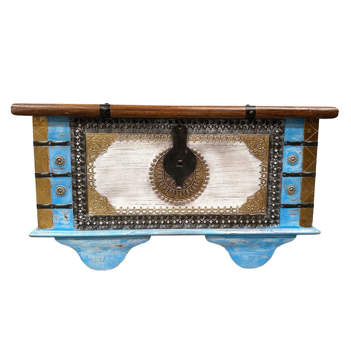 Oriental Galerie Truhe Indische Truhe Blau Braun 80 cm, Beistelltisch, Holztruhe, Antik, Wäschetruhe, Möbeltruhe, Holzkiste