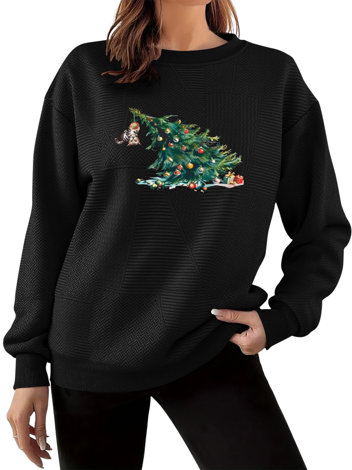 Sweatshirt Bequemer Damen Pullover mit Weihnachtsbaum Print und Drop-Shoulder