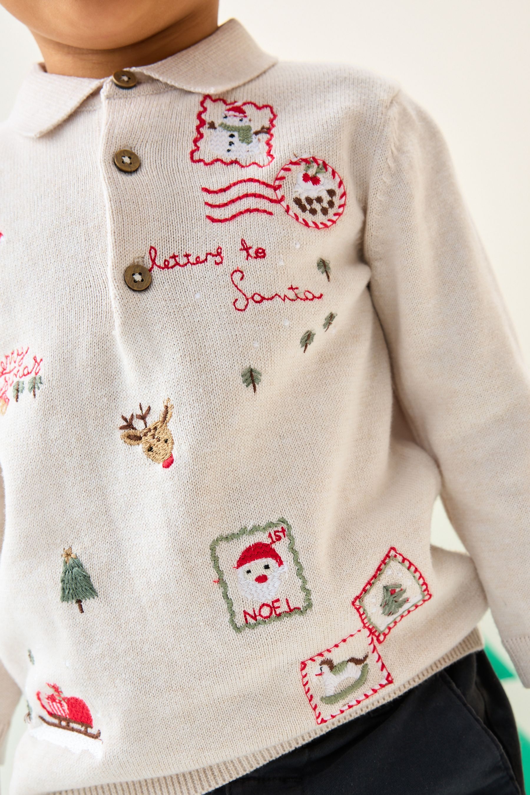 Next Polokragenpullover Strick-Poloshirt mit Weihnachtsstickerei (1-tlg)