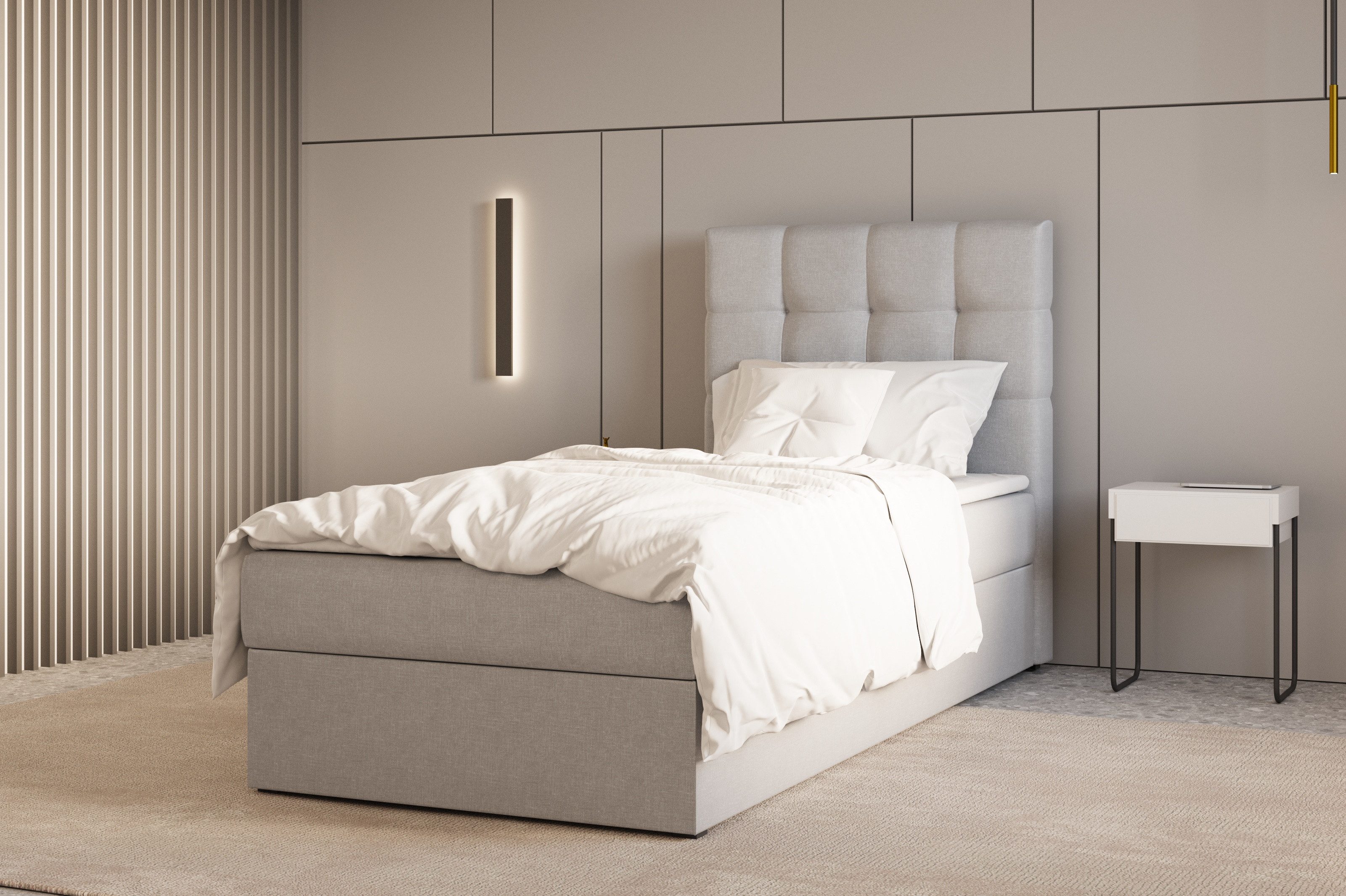 MOEBLO Boxspringbett Bett 05 (Polsterbett Kontinentalbett, Bonell, Topper, Einzelbett Jugendbett, Kinderbett 90x200, gepolstertes Kopfteil mit Bettkasten), gepolstertes Kopfteil mit Bettkasten