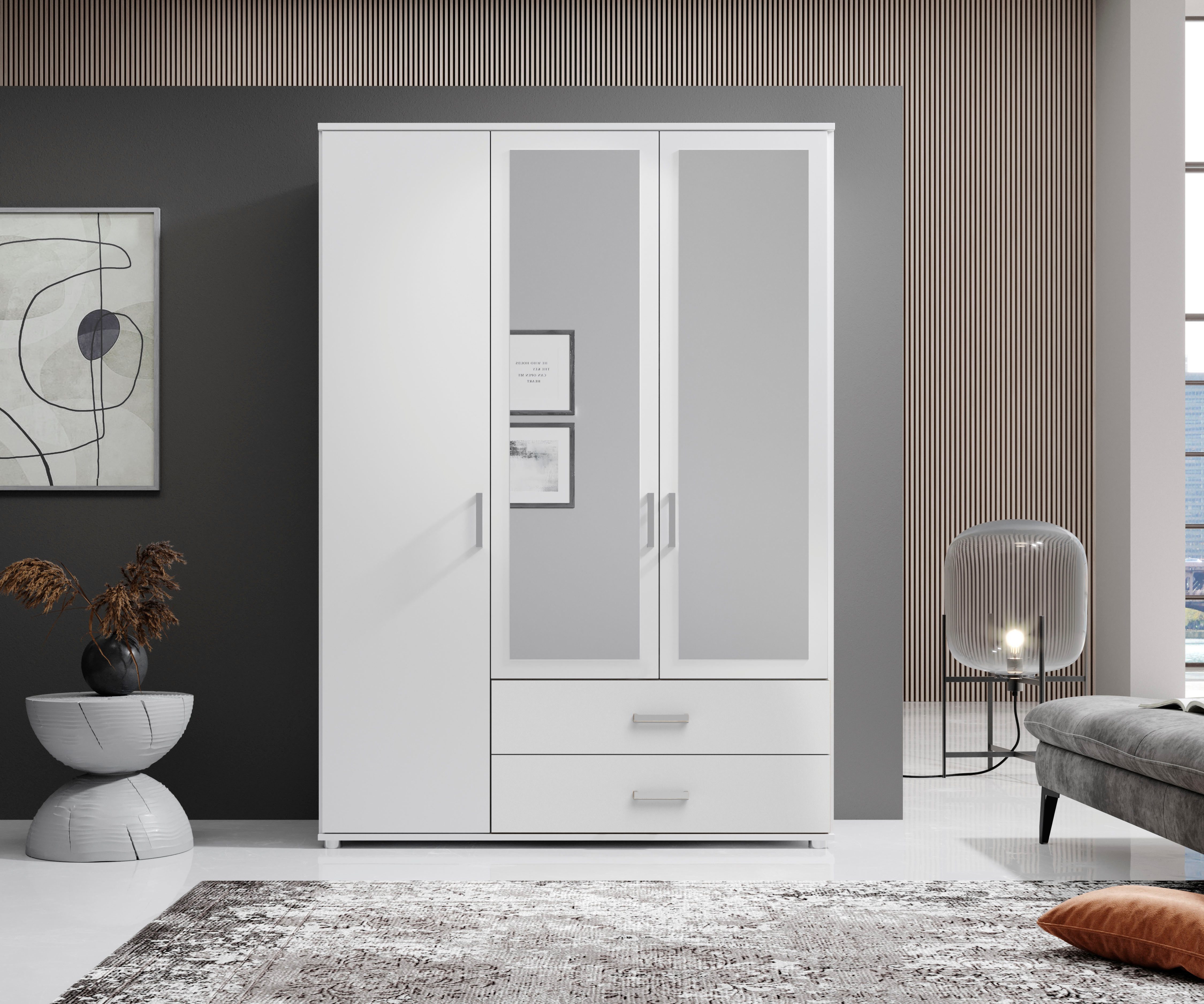 Schlafkontor Drehtürenschrank Ivar Kleiderschrank mit Spiegel inklusive 2 Spiegeltüren und 2 farblich abgesetzten Schubkästen