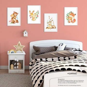 Sunnywall Poster Poster Kinderzimmer Waldtier Familie (4er Set), Waldtier Familie (Set, 4 St), Poster