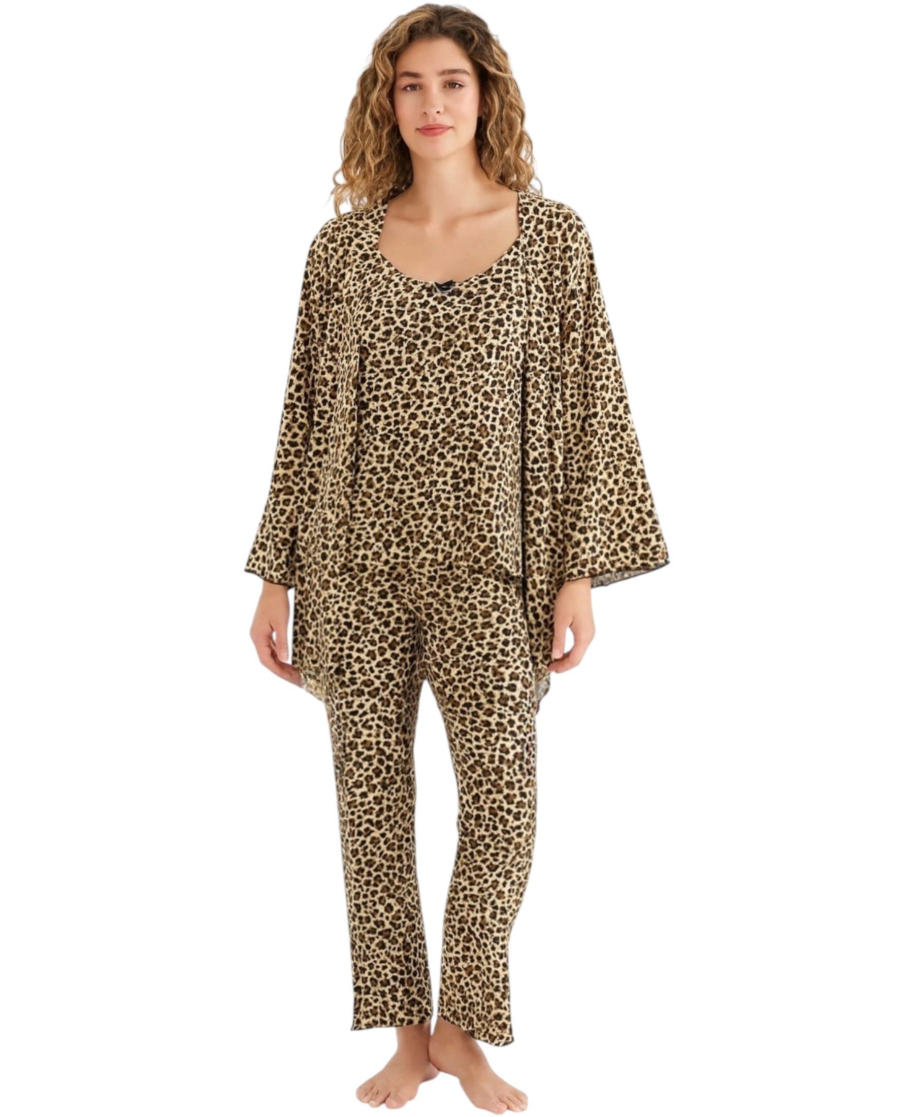 fashionshowcase Pyjama Damen 3-teiliges Set - Hausanzug mit Top, Hose & Morgenmantel (Nachtwäsche-Set, 3 tlg) Dreiteiliges Damen Set mit Muster und Details