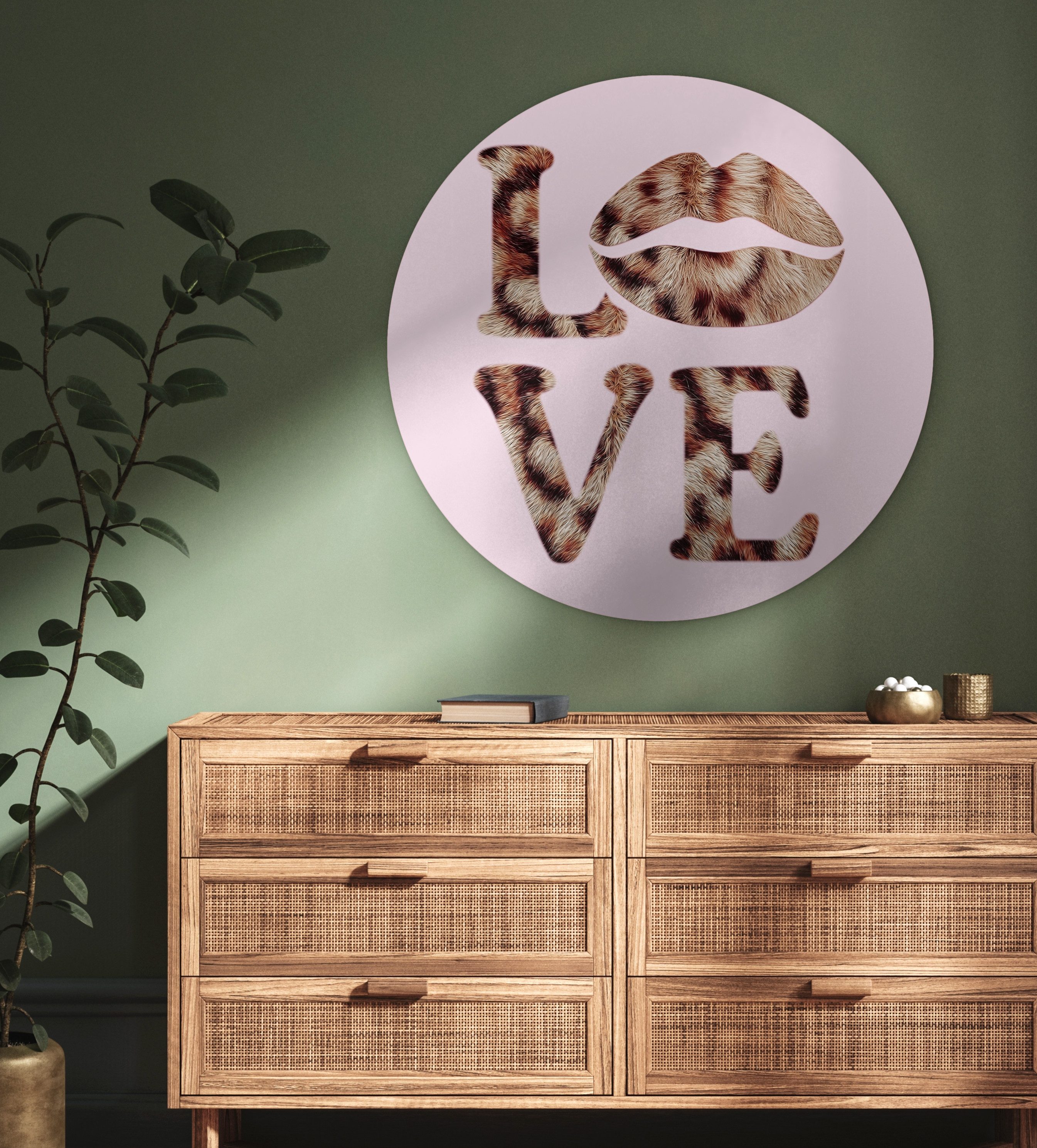 MuchoWow Gemälde Text - Liebe - Panthermantel - Hellrosa, Fotodruck (1 St), Rundes wandbild für Wohnzimmer, Wandkreis, 90x90 cm