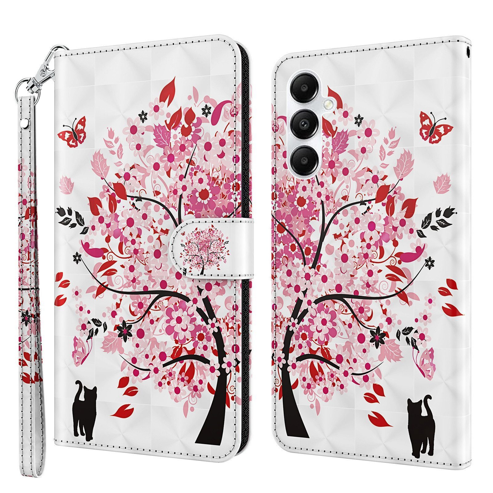 CLM-Tech Handytasche für Samsung Galaxy A57 5G Hülle aus PU Leder Klapphülle (Baum rosa weiß, 1-tlg., Flip Case), Magnetverschluss, Standfunktion und Kartenfächer