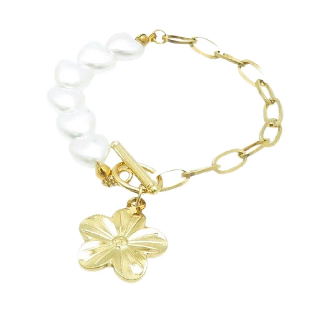 BUNGSA Armband Armband mit Perlen, Blüte und Knebelverschluss gold aus Edelstahl (1 Armband, 1-tlg), Bracelet Armschmuck