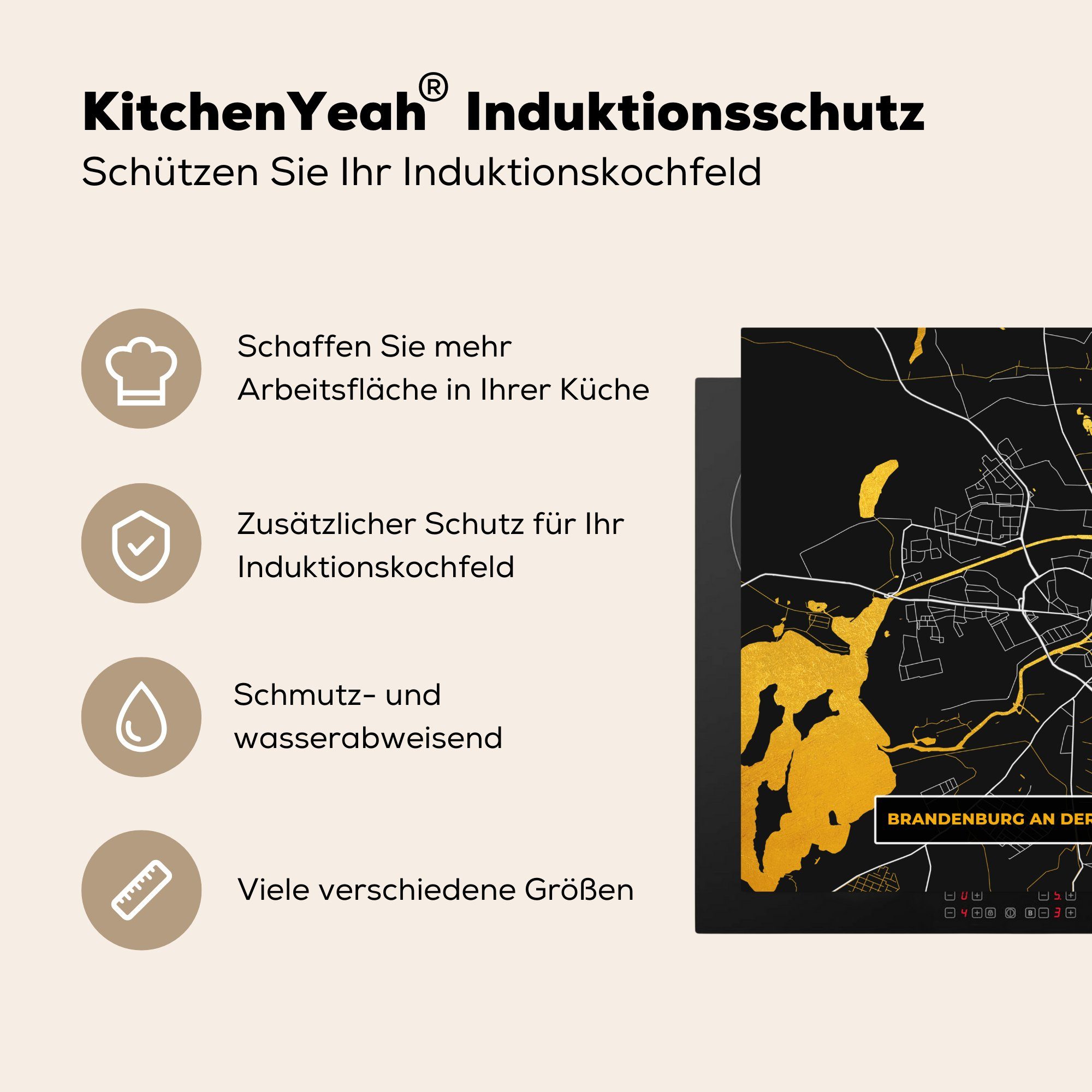 Ceranfeldabdeckung, Karte (1 78x78 Herdblende-/Abdeckplatte Brandenburg küche - tlg), cm, - Deutschland an der für Arbeitsplatte Gold Havel, MuchoWow Vinyl, -