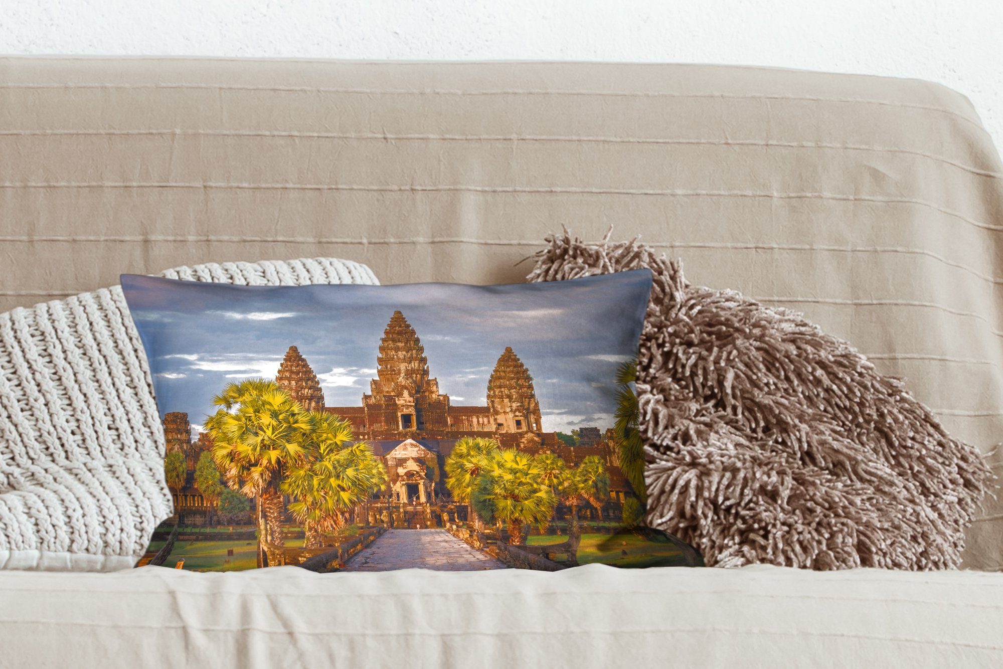 MuchoWow Dekokissen Sonnenuntergang in Angkor Zierkissen, mit Dekoration, Wat, Wohzimmer Dekokissen Füllung, Schlafzimmer