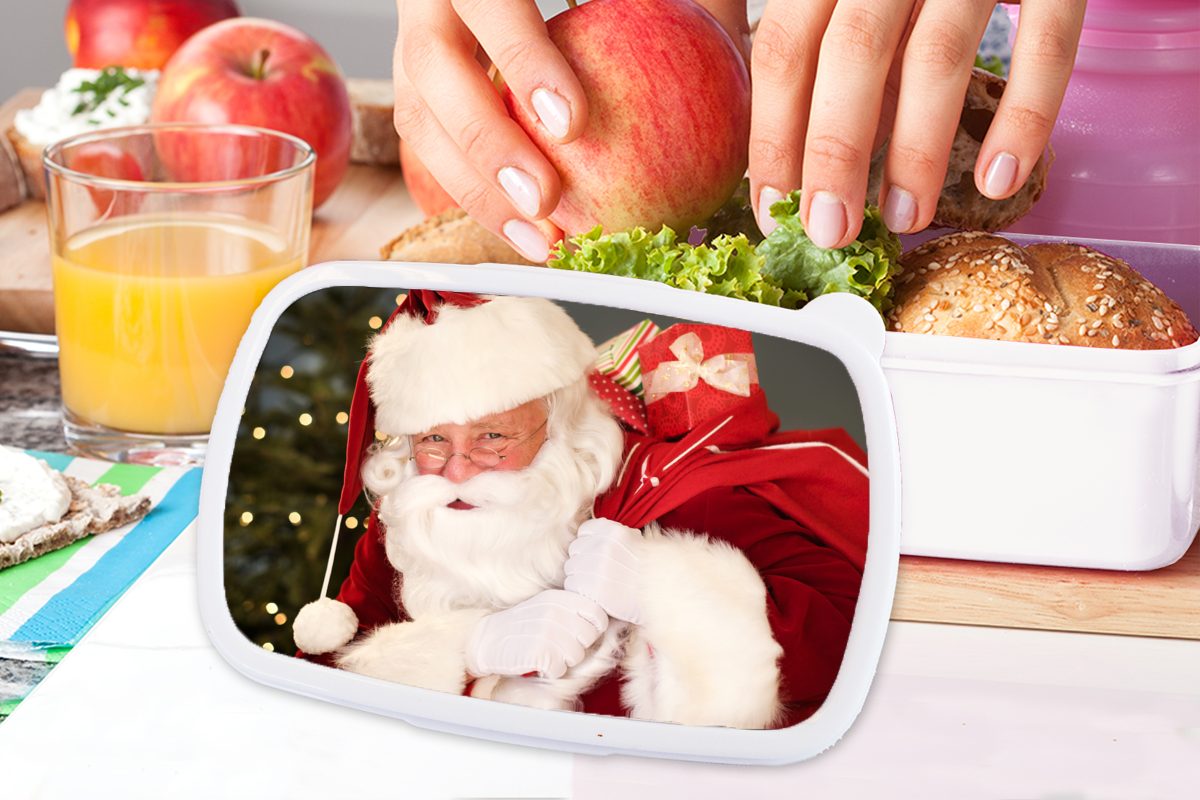 Jungs roten Mädchen und Ein Erwachsene, der, weiß Weihnachtsmanns, Kunststoff, Brotdose, (2-tlg), Sack für Porträt für und der MuchoWow über des Brotbox einen Kinder Lunchbox