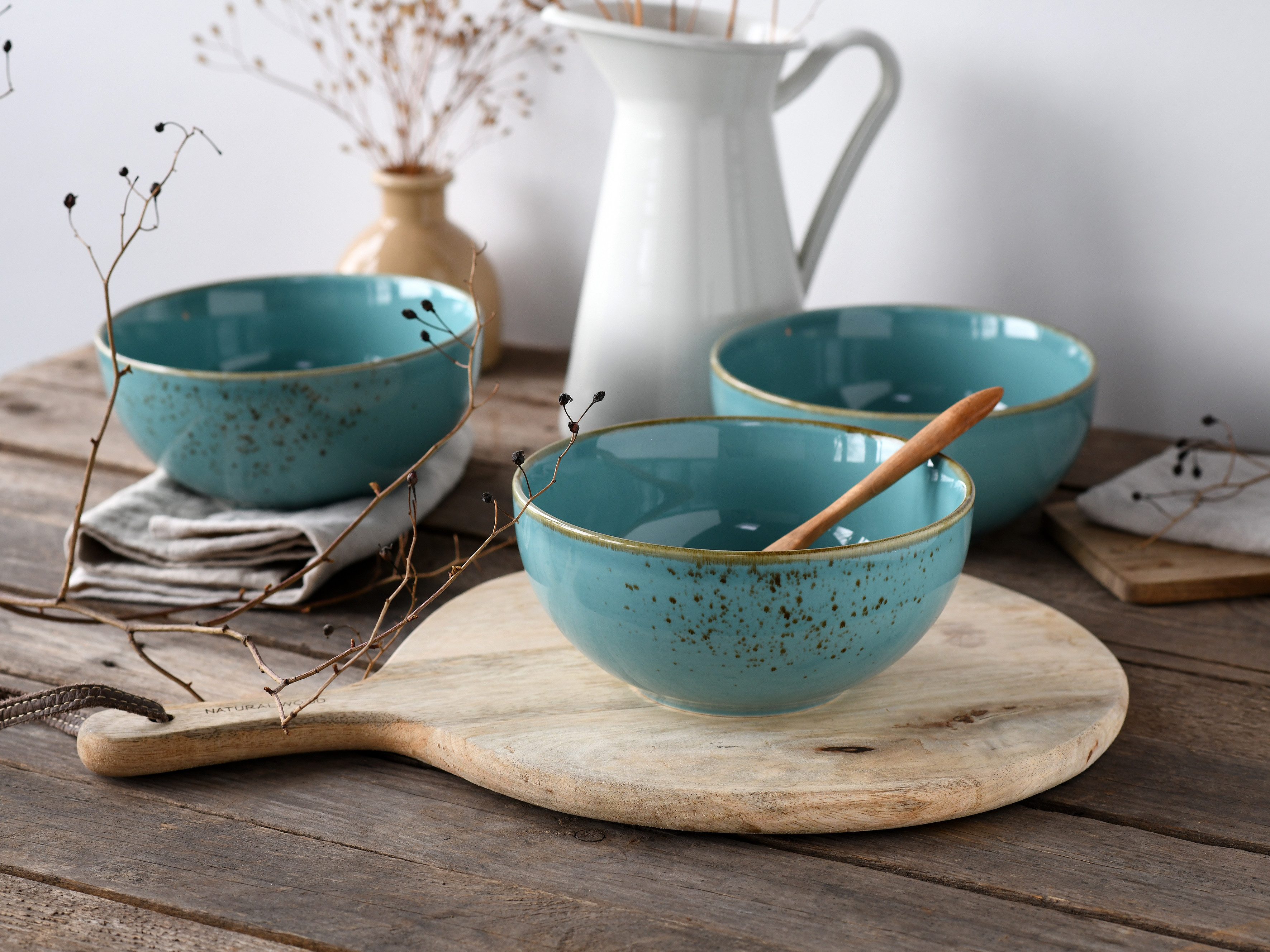 CreaTable Schale Nature Collection, Buddha Bowl 4-tlg, Steinzeug, (Set, 4-tlg), Handwerklicher Look, Vintage, Höhe 7,5 cm