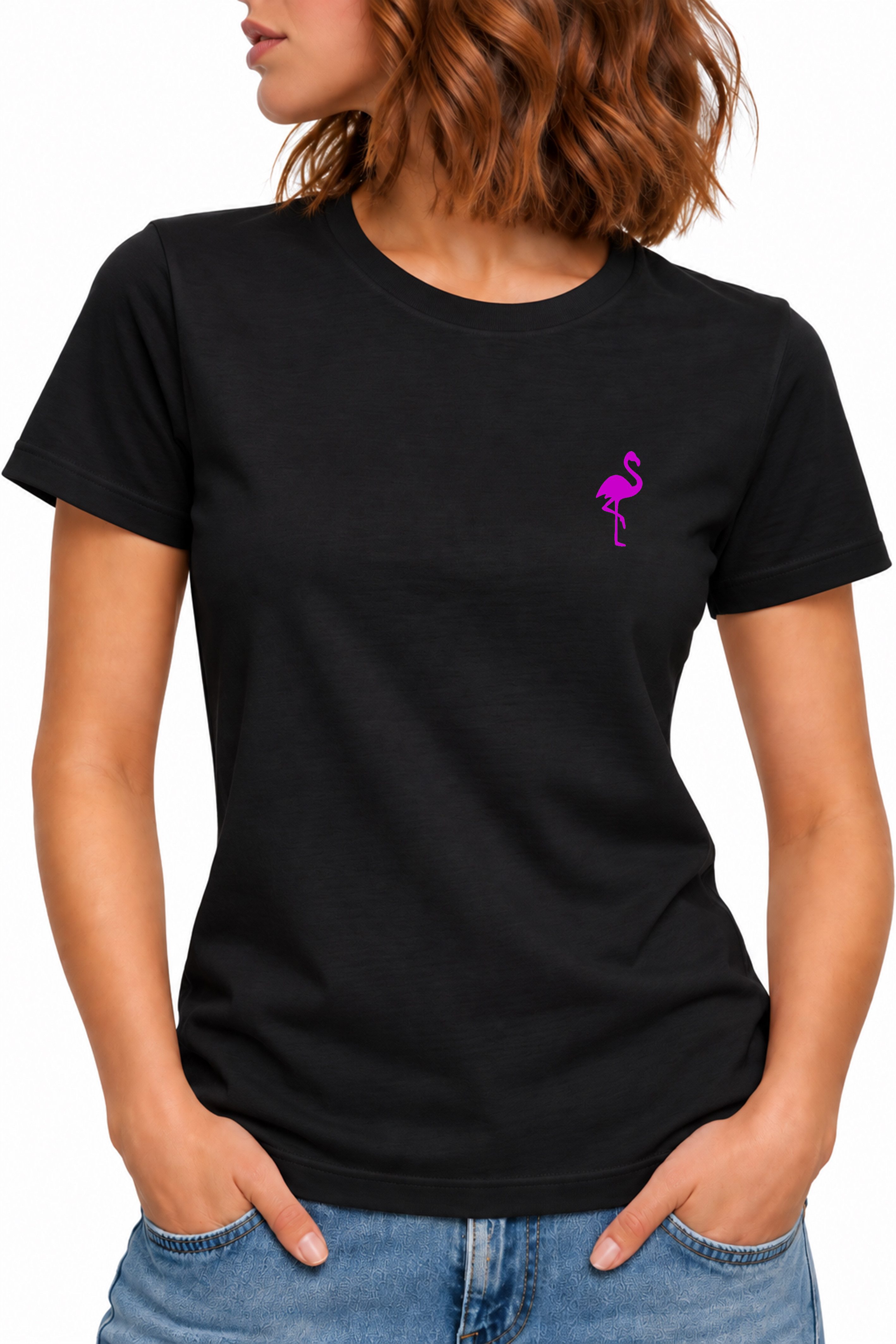 Banco T-Shirt Damen Flamingo Brustprint Rundhals Kurzarm Baumwolle Sommer Freizeit mit kleinem Flamingo-Print auf der Brust