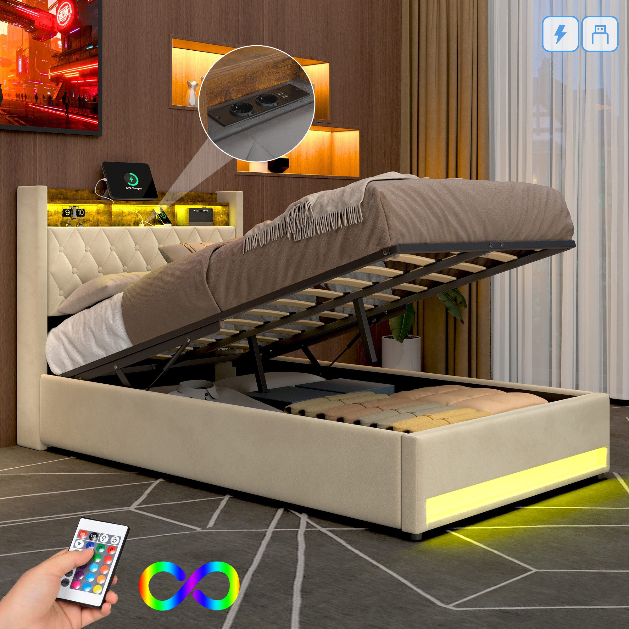 STILVORA Polsterbett mit bettkasten,Stauraumbett Boxspringbett 140×200 mit USB & LED-Licht (Funktionbett mit Hydraulikstange,Tragfähigkeit: 200kg, Strapazierfähig und schmutzabweisend,verschiedenen Farben,Metallrahmen), Bettgestell mit Lattenrost,Bequemer Samtstoff,ohne matratze