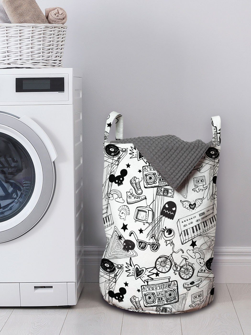 Kordelzugverschluss Wäschekorb Griffen Wäschesäckchen Abakuhaus Schwarz für weiß Teenage Waschsalons, und Pattern mit