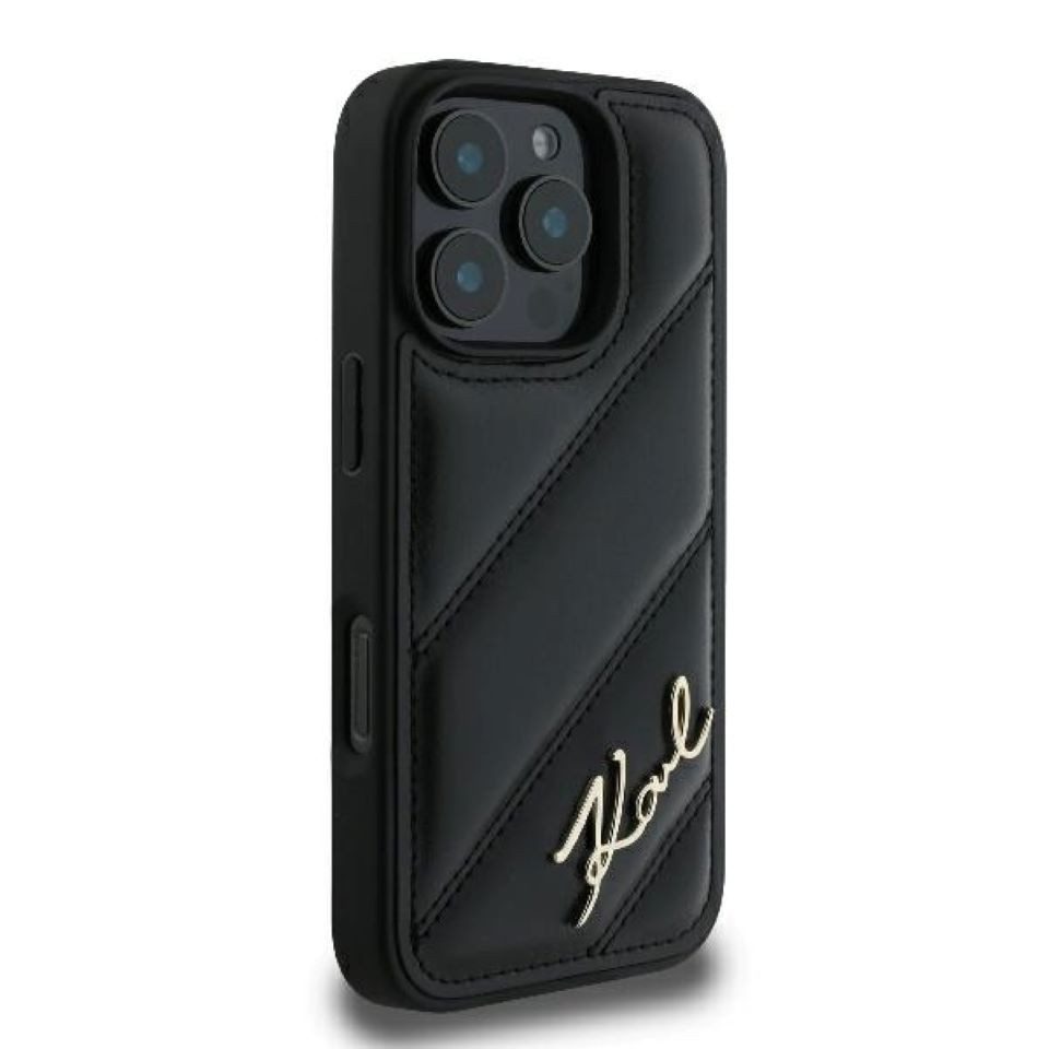 KARL LAGERFELD Handyhülle iPhone 16 Pro Kunstleder quilted schwarz Logo goldfarbig 6,3 Zoll, Kantenschutz