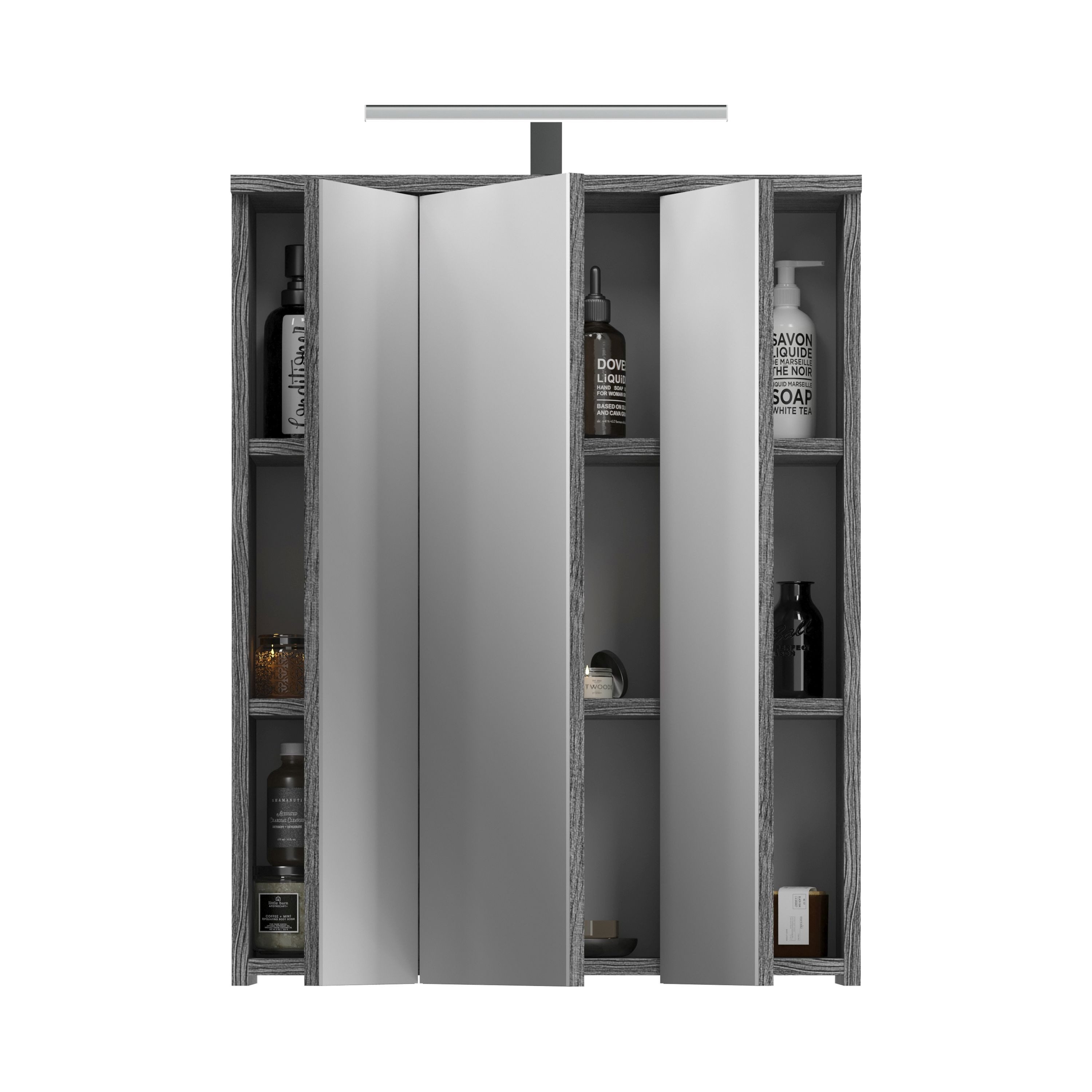 xonox.home Spiegel (2tlg. Set bestehend aus Spiegelschrank, Beleuchtung), Weiß Hochglanz Rauchsilber Beschichtet Modern 64x77x21 cm