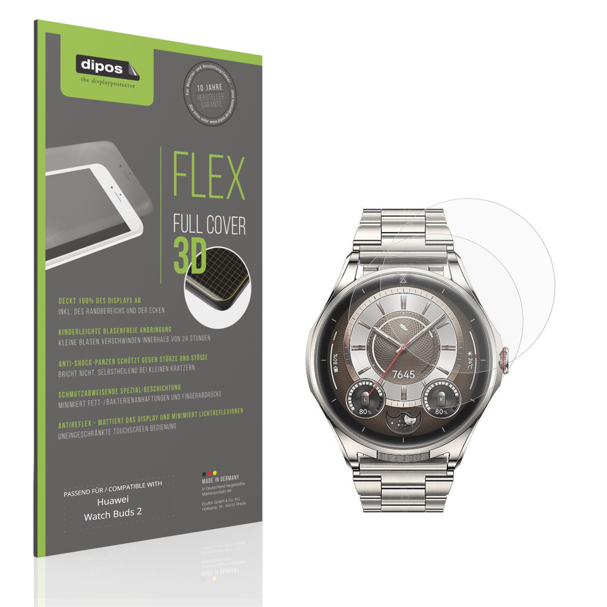 dipos Displayschutzfolie Schutzfolie für Huawei Watch Buds 2, 2 Stück, Displayschutz Schutz Folie Made in Germany