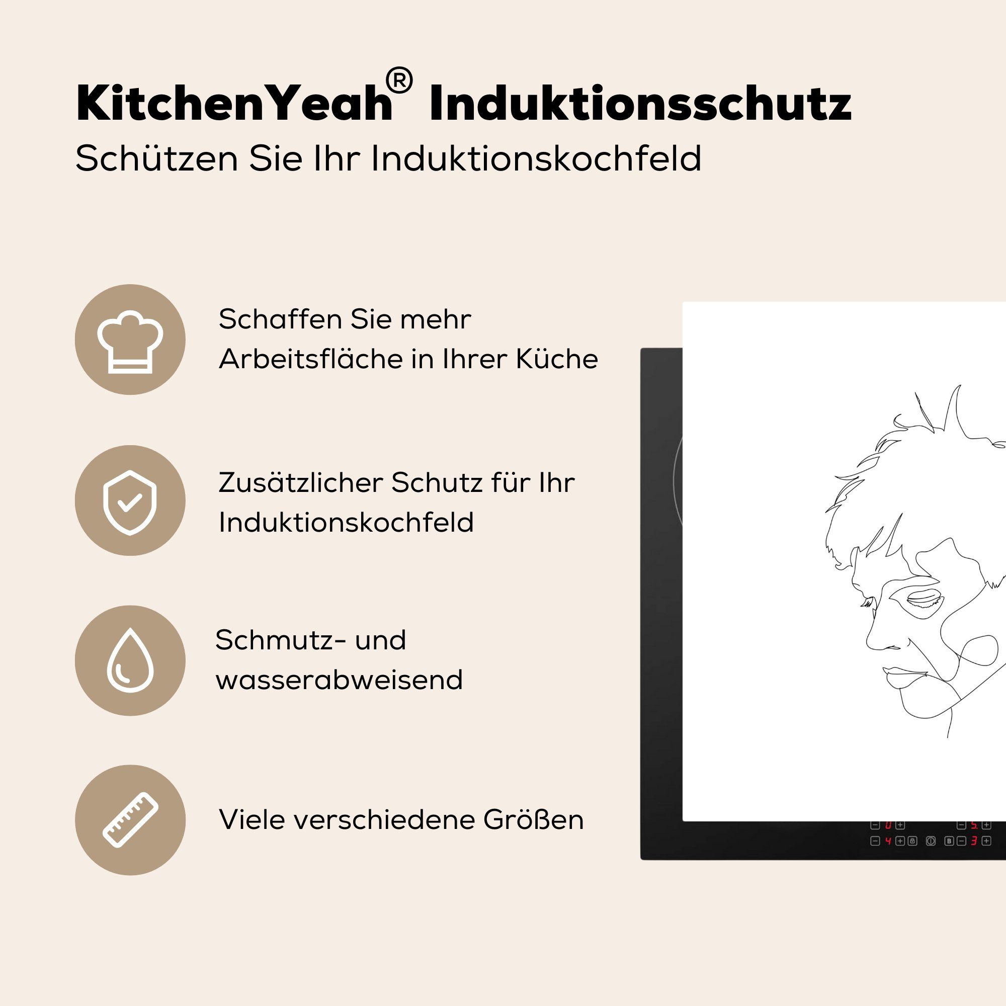 Arbeitsplatte Kopf MuchoWow küche - Herdblende-/Abdeckplatte für Vinyl, 78x78 - (1 tlg), cm, Ceranfeldabdeckung, Mann, Strichzeichnung