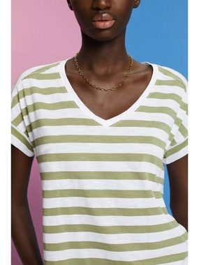 Esprit T-Shirt Gestreiftes Baumwoll-T-Shirt mit V-Ausschnitt (1-tlg)