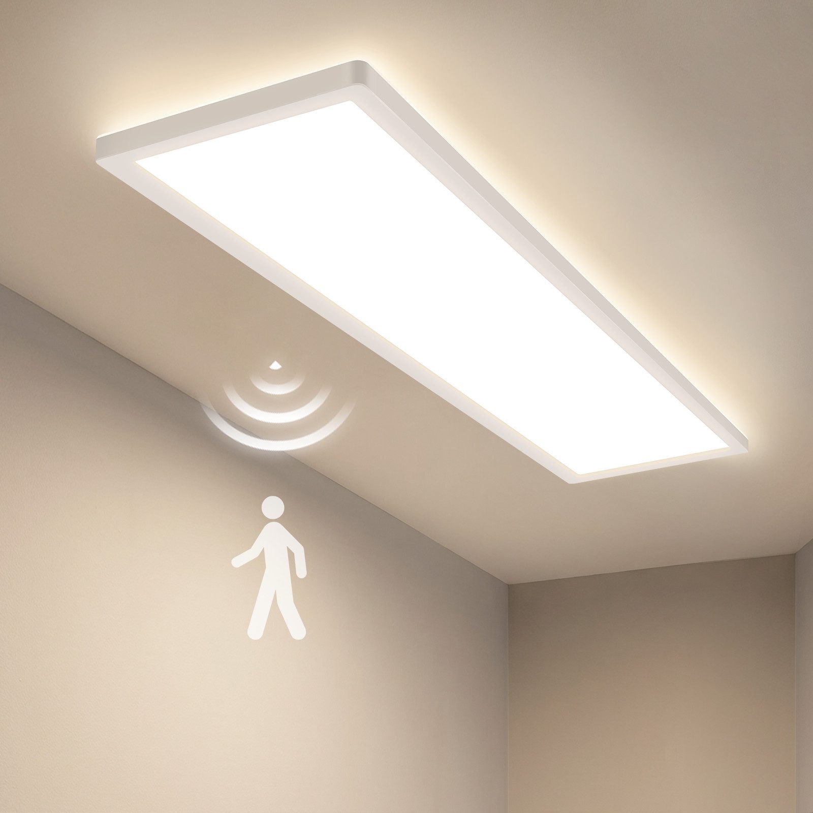 Nettlife LED Panel deckenleuchte bewegungsmelder 24W 120/165°Erfassungswinkel, LED fest integriert, für Flur Garage rechteckig 100x25cm