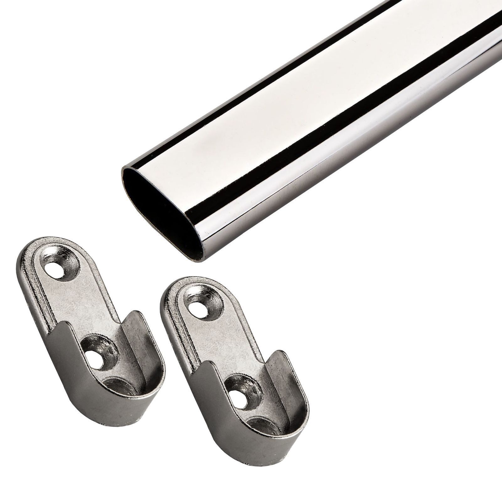 SO-TECH® Garderobenstange Schrankstange oval 30x15 mm Chrom poliert mit Stangenlagern, Set mit Stange 100 cm und 2 Haltern