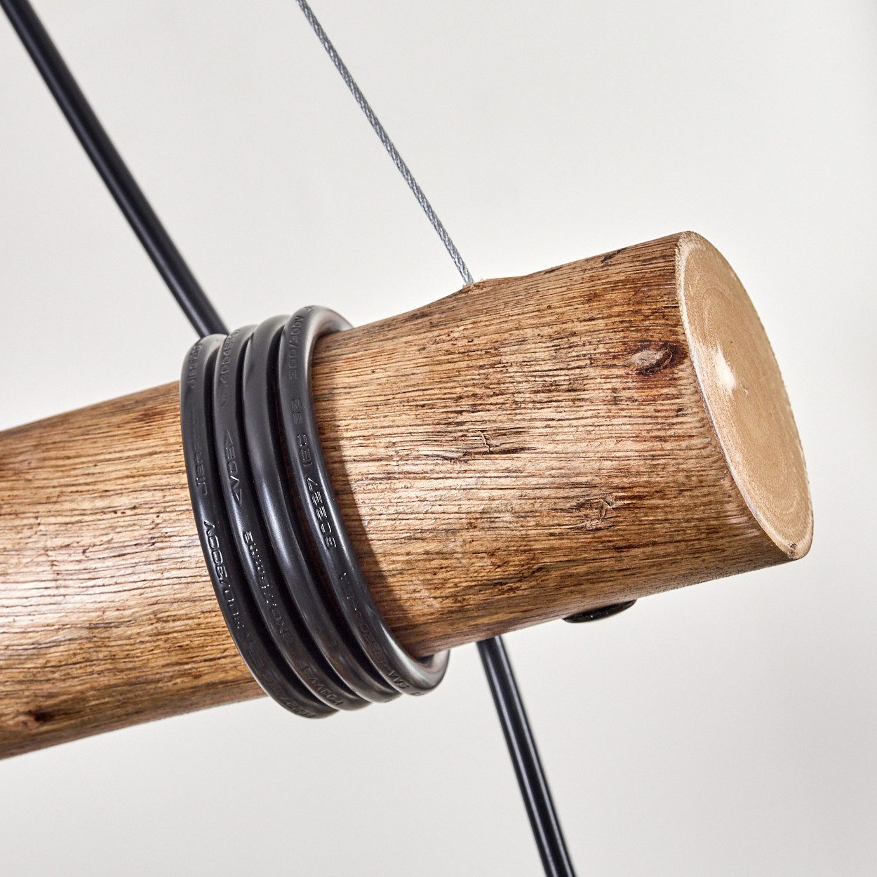 hofstein Pendelleuchte Hängelampe aus Metall/Holz/Glas in Schwarz/Natur/Bernstein/Klar, ohne Leuchtmittel, Hängeleuchte im Boho-Design mit Glasschirmen und Holzbalken, 4 x E27