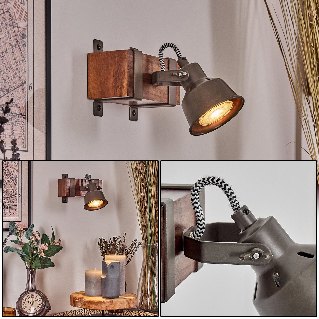 hofstein Wandleuchte Wandlampe aus Holz/Metall in Dunkelbraun/Stahlfarben, günstig online kaufen