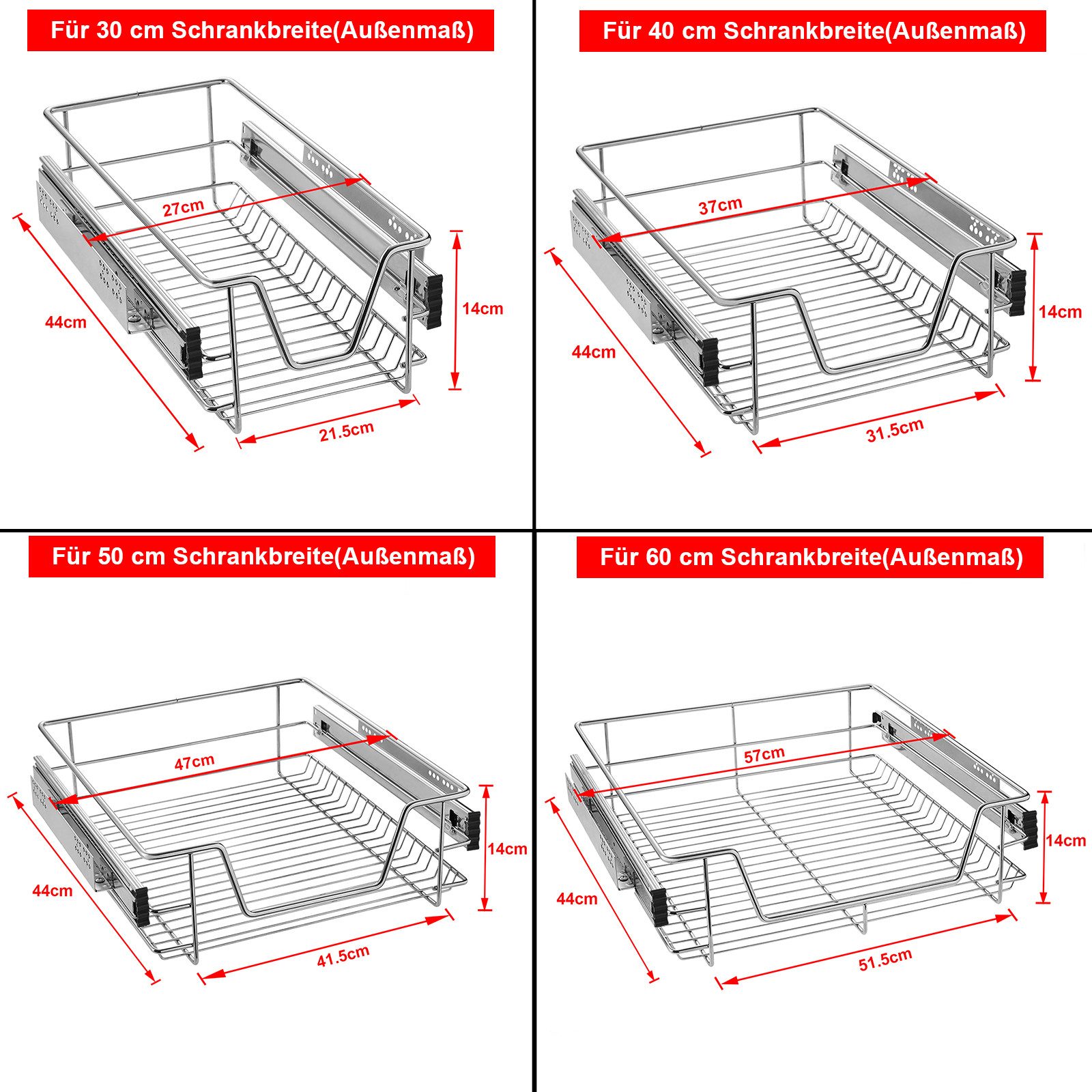 FIVMEN Schublade Schubkasteneinsatz Küchenschrank Teleskopschublade Korbauszug Regal (4 St., 20kg Belastbar), Schrankauszug Ausziehbare Ablage Küchenschubladen Organizer