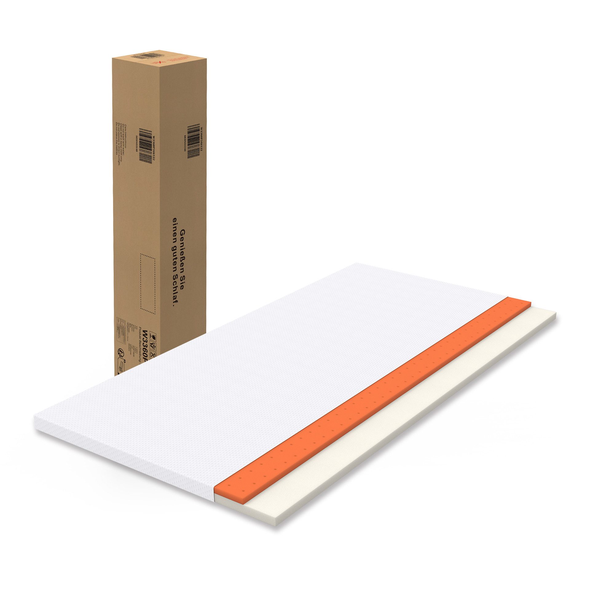 Komfortschaummatratze Kaltschaummatratze H3 Oeko-TEX zertifiziert mit mittlerer Härte, NORDICHAUS, 5 cm hoch, Größe 90x200cm 5 cm orangefarbener Schaumstoff weiße Matratze