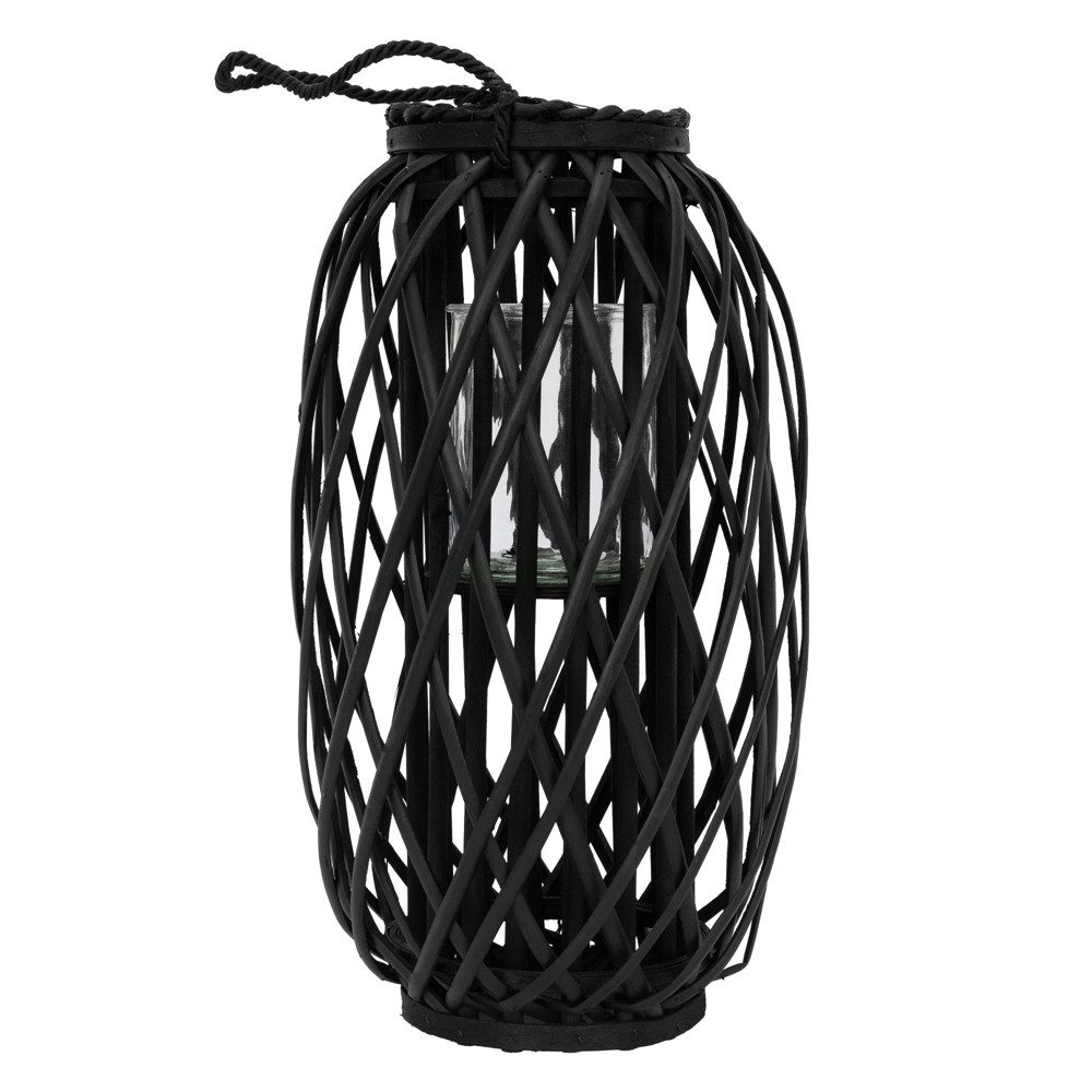 ECD Germany Kerzenlaterne Laterne Ried mit Henkel Rattan Windlicht mit Glaseinsatz Kerzenständer, 50xØ28 cm Korbgeflecht Handgeflochtene Gartenlaterne Kerzenhalter
