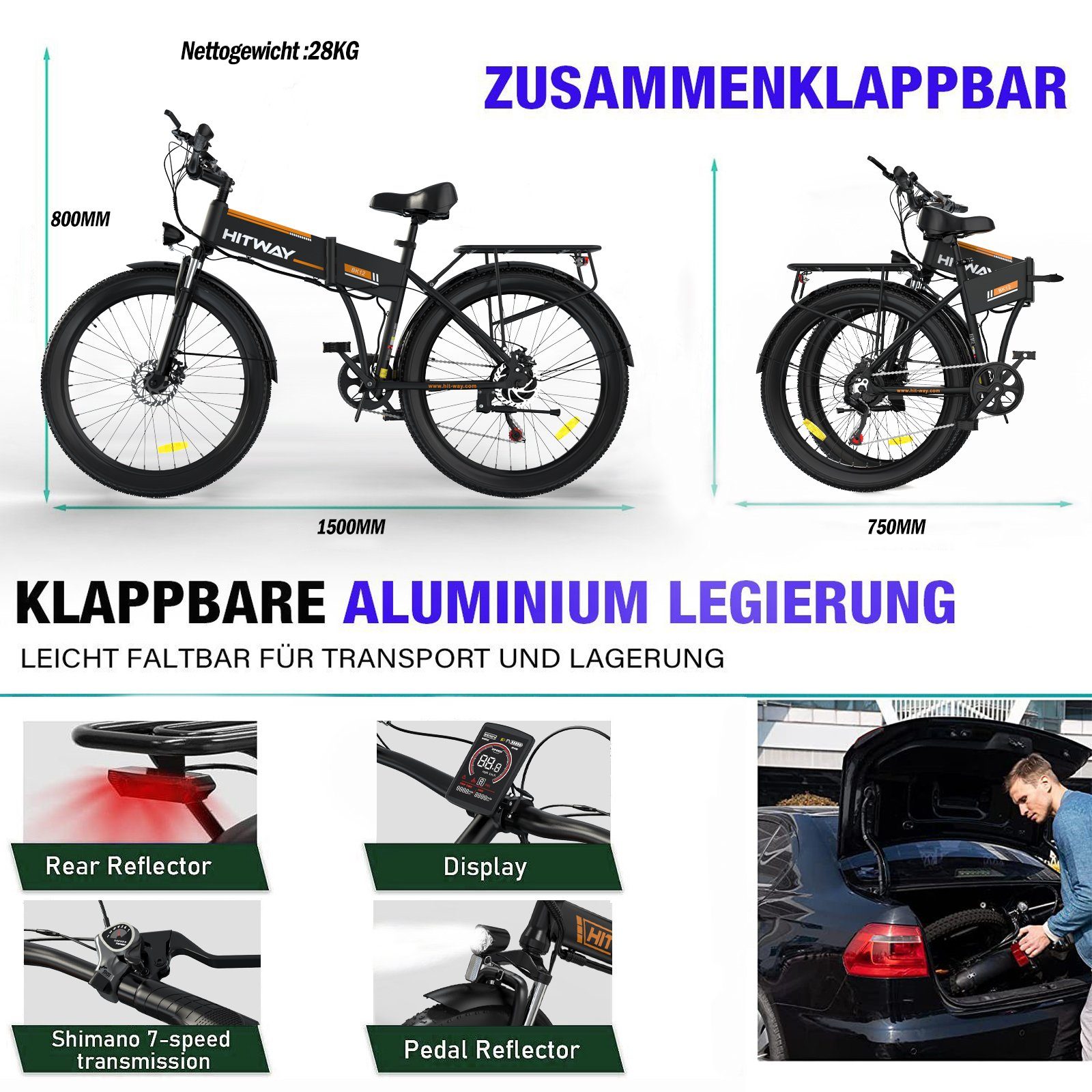 E-Bike Shimano 7Gang Max 36V12Ah Klapprad 35-90km 26", Elektrofahrrad HITWAY E-BIKE